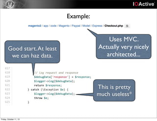Example:
Uses MVC.
Actually very nicely
architected...
Good start.At least
we can haz data.
This is pretty
much useless*
Friday, October 11, 13
 