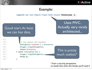 Example:
Uses MVC.
Actually very nicely
architected...
Good start.At least
we can haz data.
This is pretty
much useless*
* from a security perspective.
no doubt that when this breaks you’ll need it
Friday, October 11, 13
 