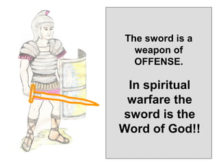 The sword is a
  weapon of
  OFFENSE.

 In spiritual
 warfare the
sword is the
Word of God!!
 