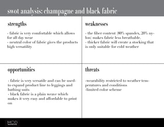 swot analysis: champagne and black fabric
strengths weaknesses
opportunities threats
- fabric is very comfortable which allows
for all day wear
- neutral color of fabric gives the products
high versatility
- the fiber content (80% spandex, 20% ny-
lon) makes fabric less breathable.
- thicker fabric will create a stocking that
is only suitable for cold weather
- fabric is very versatile and can be used-
to expand product line to leggings and
bathing suits
- black fabric is a plain weave which
makes it very easy and affordable to print
on
-wearability restricted to weather tem-
peratures and conditions
-limited color scheme
 