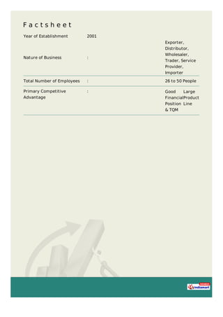 F a c t s h e e t
Year of Establishment 2001
Nature of Business :
Exporter,
Distributor,
Wholesaler,
Trader, Service
Provider,
Importer
Total Number of Employees : 26 to 50 People
Primary Competitive
Advantage
: Good
Financial
Position
& TQM
Large
Product
Line
 