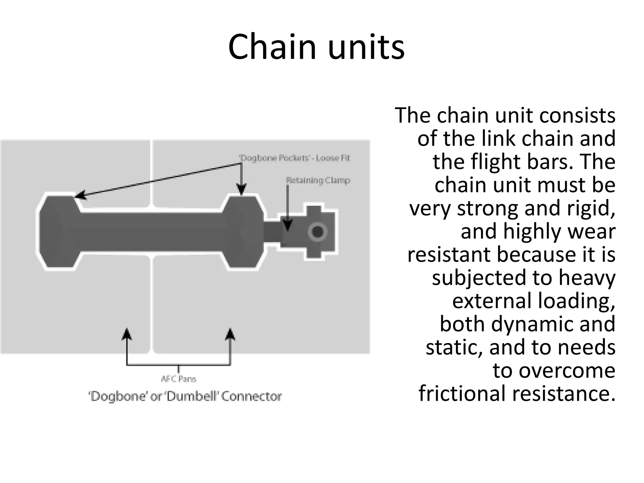Chain units
The chain unit consists
of the link chain and
the flight bars. The
chain unit must be
very strong and rigid,
and highly wear
resistant because it is
subjected to heavy
external loading,
both dynamic and
static, and to needs
to overcome
frictional resistance.
 