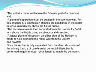 *The anterior rectal wall above the fistula is part of a common
wall.
*A plane of separation must be created in the common wall. For
this, multiple 6-0 silk traction stitches are positioned in the rectal
mucosa immediately above the fistula orifice.
*The rectal mucosa is then separated from the urethra for 5–10
mm above the fistula using a submucosal dissection.
*A lateral plane of dissection on either side of the Rectum is
made to help delineate the rectal wall from the urethra
and prostate.
Once the rectum is fully separated from the deep structures of
the urinary tract, a circumferential perirectal dissection is
performed to gain enough rectal length to reach the perineum.
 