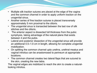 • Multiple silk traction sutures are placed at the edge of the vagina
and the common channel in order to apply uniform traction on the
urogenital sinus.
• Another series of fine traction sutures is placed transversely
approximately 5 mm proximal to the clitoris.
• The urogenital sinus is transected between the last row of silk
stitches and the clitoris.
• The anterior aspect is dissected full thickness from the pubic
symphysis, taking advantage of the natural plane that exists
between it and the pubis.
• Lateral and posterior dissection of the urogenital sinus will provide
an additional 0.5–1.0 cm in length, allowing for complete urogenital
mobilization.
• On splitting the common channel upto urethra, urethral meatus and
vaginal introitus can be anastomosed to perineum at appropriate
locations.
• The common channel creates two lateral flaps that are sutured to
the skin, creating the new labia.
The vaginal edges are mobilized to reach the skin to create a natural-
looking introitus.
 