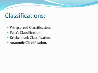 Classifications:
 Wingspread Classification.
 Pena’s Classification
 Krickenbeck Classification.
 Anatomic Classification.
 