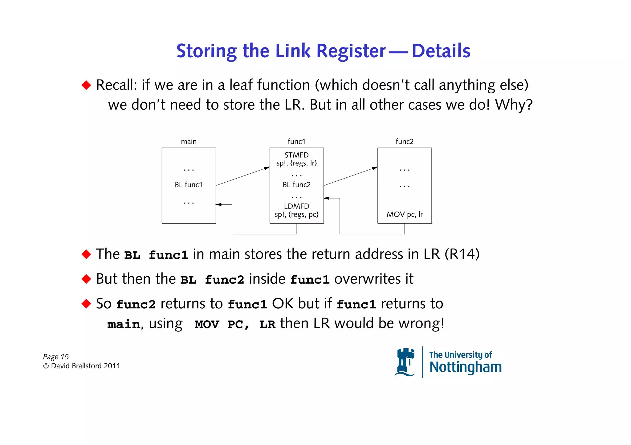 Storing the Link Register — Details
           ◆ Recall: if we are in a leaf function (which doesn’t call anything else)
                   we don’t need to store the LR. But in all other cases we do! Why?

                              main              func1            func2
                                               STMFD
                                             sp!, {regs, lr}
                               ...                                ...
                                                   ...
                             BL func1          BL func2           ...
                                                   ...
                               ...
                                               LDMFD
                                            sp!, {regs, pc}    MOV pc, lr




           ◆ The BL func1 in main stores the return address in LR (R14)
           ◆ But then the BL func2 inside func1 overwrites it
           ◆ So func2 returns to func1 OK but if func1 returns to
               main, using MOV PC, LR then LR would be wrong!

Page 15
© David Brailsford 2011
 