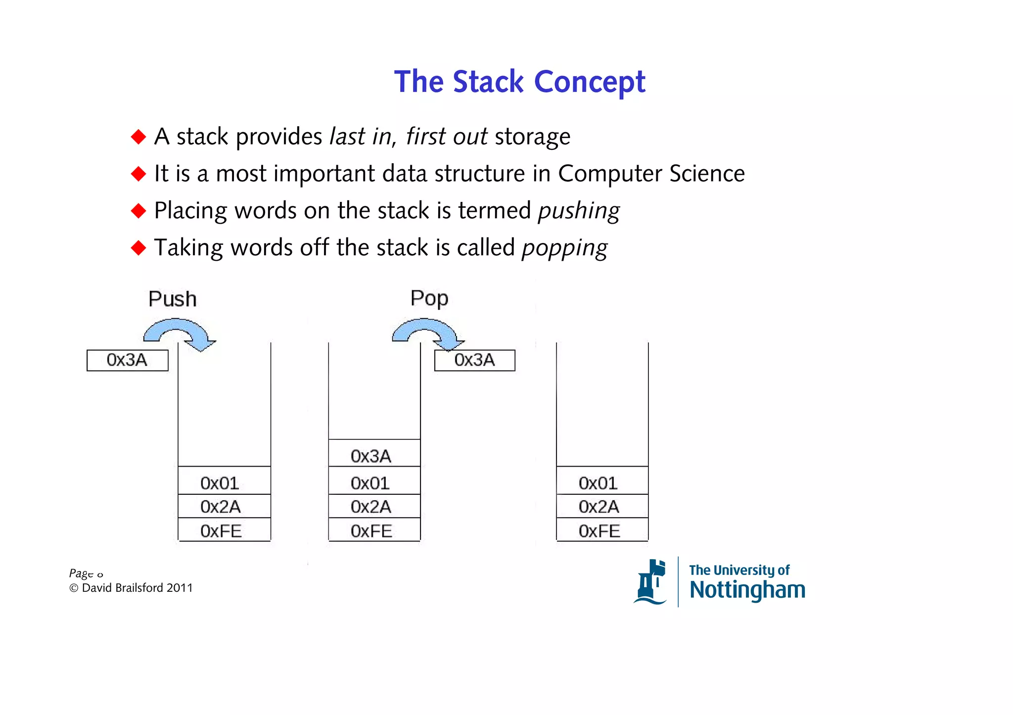 The Stack Concept
           ◆ A stack provides last in, first out storage
           ◆ It is a most important data structure in Computer Science
           ◆ Placing words on the stack is termed pushing
           ◆ Taking words off the stack is called popping




Page 8
© David Brailsford 2011
 