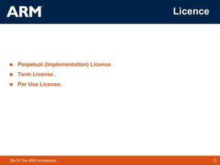 10TM 1039v10 The ARM Architecture
Licence
 Perpetual (Implementation) License.
 Term License .
 Per Use License.
 