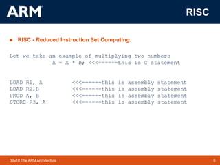 6TM 639v10 The ARM Architecture
RISC
 RISC - Reduced Instruction Set Computing.
Let we take an example of multiplying two numbers
A = A * B; <<<======this is C statement
LOAD R1, A <<<======this is assembly statement
LOAD R2,B <<<======this is assembly statement
PROD A, B <<<======this is assembly statement
STORE R3, A <<<======this is assembly statement
 