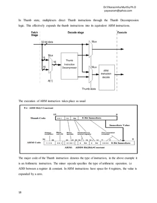 Dr.Y.NarasimhaMurthyPh.D
yayavaram@yahoo.com
18
In Thumb state, multiplexers direct Thumb instructions through the Thumb Decompression
logic. This effectively expands the thumb instructions into its equivalent ARM instructions.
The execution of ARM instruction takes place as usual
The major code of the Thumb instruction denotes the type of instruction, in the above example it
is an Arithmetic instruction. The minor opcode specifies the type of arithmetic operation. i.e
ADD between a register & constant. In ARM instructions have space for 4 registers, the value is
expanded by a zero.
 