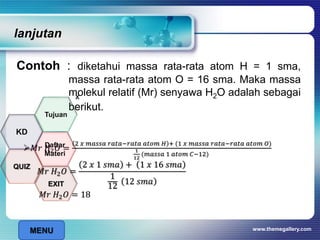 www.themegallery.com
lanjutan
Contoh : diketahui massa rata-rata atom H = 1 sma,
massa rata-rata atom O = 16 sma. Maka massa
molekul relatif (Mr) senyawa H2O adalah sebagai
berikut.
𝑀𝑟 𝐻2 𝑂 =
2 𝑥 𝑚𝑎𝑠𝑠𝑎 𝑟𝑎𝑡𝑎−𝑟𝑎𝑡𝑎 𝑎𝑡𝑜𝑚 𝐻 + (1 𝑥 𝑚𝑎𝑠𝑠𝑎 𝑟𝑎𝑡𝑎−𝑟𝑎𝑡𝑎 𝑎𝑡𝑜𝑚 𝑂)
1
12
(𝑚𝑎𝑠𝑠𝑎 1 𝑎𝑡𝑜𝑚 𝐶−12)
𝑀𝑟 𝐻2 𝑂 =
2 𝑥 1 𝑠𝑚𝑎 + 1 𝑥 16 𝑠𝑚𝑎
1
12
12 𝑠𝑚𝑎
𝑀𝑟 𝐻2 𝑂 = 18
x
MENU
Tujuan
QUIZ
Daftar
Materi
KD
EXIT
 