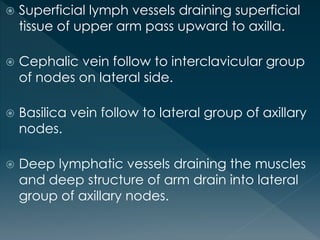  Superficial lymph vessels draining superficial
tissue of upper arm pass upward to axilla.
 Cephalic vein follow to interclavicular group
of nodes on lateral side.
 Basilica vein follow to lateral group of axillary
nodes.
 Deep lymphatic vessels draining the muscles
and deep structure of arm drain into lateral
group of axillary nodes.
 