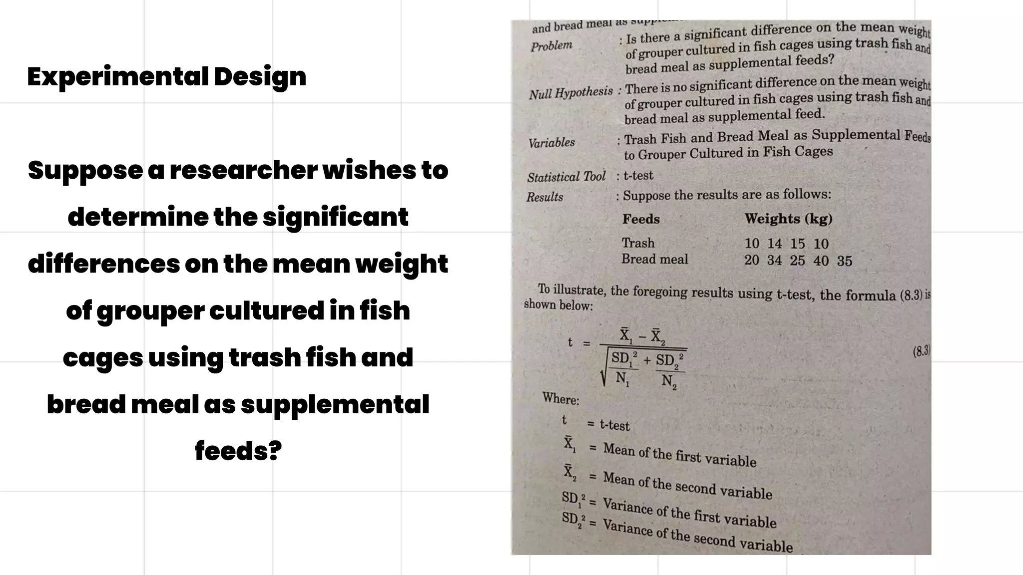 Experimental Design
Suppose a researcher wishes to
determine the significant
differences on the mean weight
of grouper cultured in fish
cages using trash fish and
bread meal as supplemental
feeds?
 