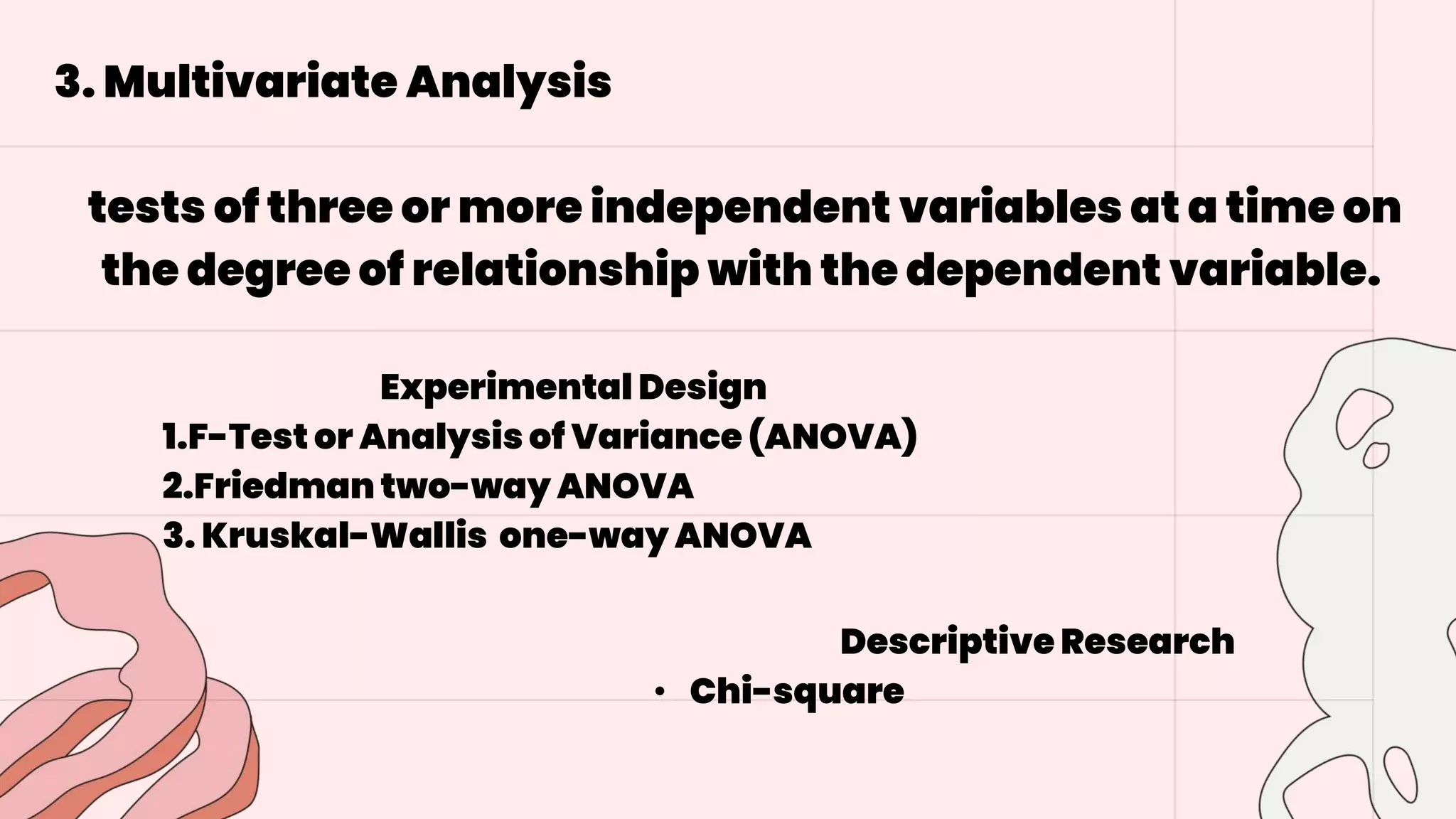 3. Multivariate Analysis
tests of three or more independent variables at a time on
the degree of relationship with the dependent variable.
Experimental Design
1.F-Test or Analysis of Variance (ANOVA)
2.Friedman two-way ANOVA
3. Kruskal-Wallis one-way ANOVA
Descriptive Research
• Chi-square
 