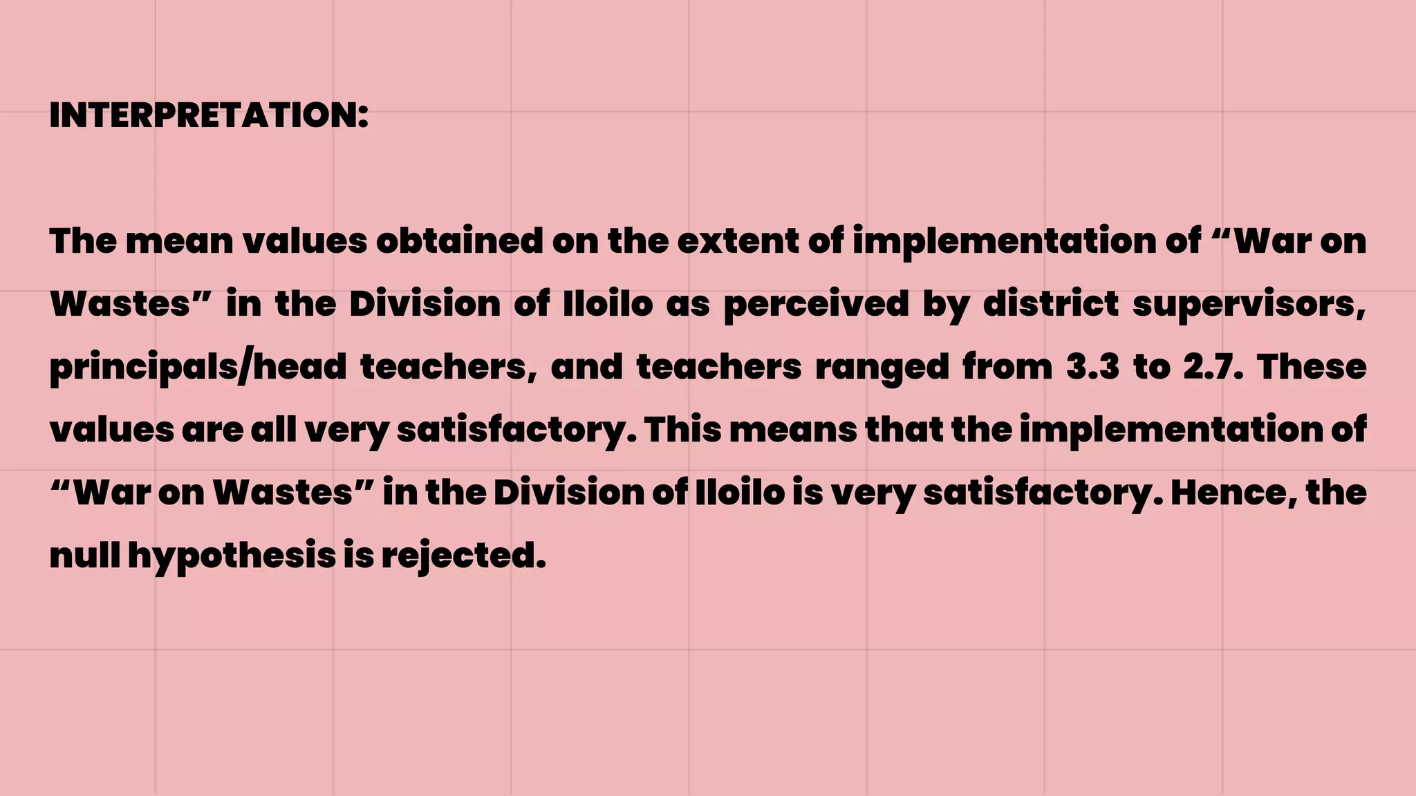 INTERPRETATION:
The mean values obtained on the extent of implementation of “War on
Wastes” in the Division of Iloilo as perceived by district supervisors,
principals/head teachers, and teachers ranged from 3.3 to 2.7. These
values are all very satisfactory. This means that the implementation of
“War on Wastes” in the Division of Iloilo is very satisfactory. Hence, the
null hypothesis is rejected.
 