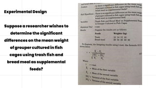 Experimental Design
Suppose a researcher wishes to
determine the significant
differences on the mean weight
of grouper cultured in fish
cages using trash fish and
bread meal as supplemental
feeds?
 