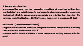 9. Comparative Analysis
In comparative analysis, the researcher considers at least two entities (not
manipulated) and establishes a formal procedure for obtaining criterion data on
the basis of which he can compare a conclude one is better than the other. The
common statistical tools used in this type are the mean variances, and t-test.
Illustration 1 (Experimental Research)
Suppose the researcher wishes to compare the flavor acceptability of shrimp
shell biscuit and milkfish offal biscuit.
Problem: Which flavor of biscuit is more acceptable, shrimp shell or milkfish
offal?
 
