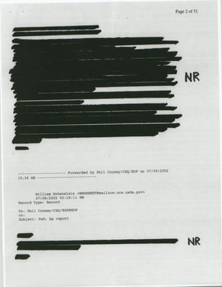 Page 2 of 51




   -----    --.-------          Forwarded by phil Cooney/CEQtECp oni 017/09/2002
I0:36 ANM        - - - - --   - - - - -



                                                                gay>
        Willia~m Hohenstein <WHoHENSTBImailOce. oce . usda.
        07/08/2002 03:19:11 PK
Record Type: Record

To, Phil cooney/CEQ/EOPFlOP

Subject: Fwd, Ag report




                                                                                         HR
 