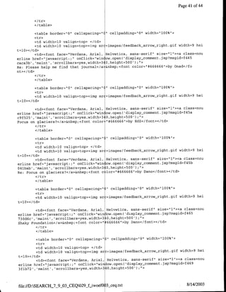 Page 41 of 44



        </table>

         <table barder="0" cellspacing="C" cellpaddirig="0" width="l00%">
         <tr>
         <td width=10 valign=top> </td>
         <td width=l0 valign=top><img src=images/feedback arrow-right.gif width=9 hei
t=10></td>
         <td><font face='Verdana, Anial, Helvetica, sans-serif" size="l"I><a class=nou
erline href="javascript: ;' onClick="win ow.open( 'display-commernt.jsp?msgid~f465
caca3b' ,'maint', scrollbars=yes,width=340,height=500');"
Re: Please help me find that journal</a-&nbsp;<font color='#666666"1>by Onad</fo
nt></td>
         </tr>
         </table>

         <table border=0O" cellspacing=""   cellpadding='0" width='l100%">
         <tr>
         <td width=lO valign=top>'cimg src=images/feedback arrow-right.gif width=9 hei
t=lO></ td>

        <td><forit face="Verdana, Anial,   Helvetica, sans-serif" size='Il"><a class=nou
erline href="1javascript:;" onClick="win   low.open( display-comment. jsp?msgid=f45a
c9f525', 'maint, 'scrollbars=yes,width=3    0,height=500');U'>
Focus on glaciers?</a>&nbsp;<font color    :"#666666"1>by Edz</font>'c/td>

        </table>

         <table border="0" cellspacing="O" cellpadding="O0' width="100%",>
         <tr>
         <td width=l0 valign=top> </td>
         <td width=10 valign=top><img sr =images/feedback-arrow~-night.gif width=9 hei
t=l0></td>
         <td><font face="Verdana, Arial, Helvetica, sans-serif", size="lI><a class=nou
erline  href="1javascript:;" oriClick='winiow.open( 'display-comment.jsp?msgid=f45b
O4lbab', maint', 'scrollbars=yes,width=310,height=500') ;">
Re: Focus on glaciers?</a>&nbsp;<font c lor=`#666666">by Dano</font></td>

        </table>

        <table border='10" cellspacing=" )" cellpadding='0' width="l100%'>
        <tr>
        <td width=10 valign=top><img sru=images/feedback arrow-right.gif width=9 hei
t=l0></td>

        <td><font face="Verdana, Arial, Helvetica, sans-serif", size="l'1><a class=nou
erline href="javascript:;" onClick='win ow.open( 'display_comment.jsp?msgid~f465
730d6c',,'maint,' scrollbars=yes,width=310,height=500') ;'>
Shaky Foundation</a>&nbsp;<font color=" 66.6666">by Dano</fornt></td>

        </table>

          <table border=0O" cellspacing=&   cellpadding="0" width="l00%">
                                            "I


          <tr>
          <td width=l0 valign=top> </td>
          <td width=10 valign=top><img src=images/feedback arrow-right.gif width=9 hei
t=l10>< /td>
          <td><font face="Verdana, Anial, Helvetica, sans-serif" size="1"I><a class=nou
                                                                               4 9
erline href="javascript:;` onClick="window.open( display~comment.jsp?msgid~f 6
                                                   500
3flb721,'maint', 'scrollbars=yes,width-34O,height= '); 1>



file://D:SEARCH_7_9_03_CEQ029jf-iwoefO   3sceq.txt                            8/14/2003
 