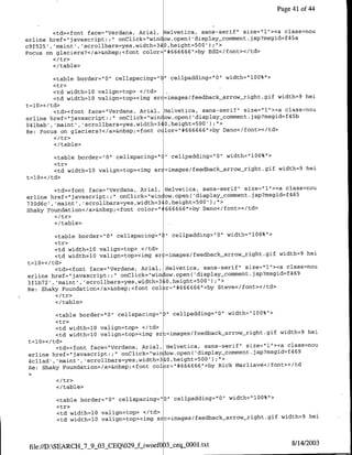 Page 41 of 44



        <td><font face="Verdana, Arial, Helvetica, sans-serif" size="1"><a class=nou
erline href="javascript:;" onClick="window.open( 'display-comment.jsp?msgid~f45a
                                                    00
c9f525', 'maint', 'scrollbars=yes,width=340,height=5 ');">
Focus on glaciers?</a>&nbsp;<font color="#666666">by EdZ</font></td>

        <c/table>

         <table border="O" cellspacing="   ' cellpadding="0" width="100%"1>
         <tr>
         <td width=10 valign=top> </td>
         <td width=10 valign=top><img src=images/feedback-arrow-right.gif width=9 hei
t=l0></td>
         <td><font face="Verdana, Axial, Helvetica, sans-serif" size='1"><a class~nou
erline href="javascript:;" onClick="win ow.open( 'display-comment. jsp?msgid=f45b
O4lbab' ,'maint' ,'scrollbars=yes ,width=340,height=500') ;>
Re: Focus on glaciers?</a>&nbsp;<font cclor="#666666"I>by Dano</font></td>

        </table>

         <table border="0" cellspacing="C" cellpadding="0" width="100%">
         <tr>
         <td width=10 valign=top><img sr =images/feedback arrow-_right.gif width=9 hei
t=10>< /td>

         <td><font face="Verdana, Axial, Helvetica, sans-serif" size&' 1"><a class~nou
                                                                              4
erline href="javascript:;" onClick="wincow.open('display-comment.jsp?msgidtfES
                                         3
730d6c',,'mainit' ,'scrollbars~yes,width= 0,height=500') ;h>
Shaky Foundation</a>&flbsp;<foflt color="1666666">by Dano</font></td>

        </ table>,

          <table border="Q" cellspacing&' " cellpadding="0" width="100%">
          <tr>
          <td width=l0 valign=top> </td>
          <td width=10 valign=top><img sr:=images/feedback arrow_right.gif width=9 hei
t =10>< /td>
          <td><font face="Verdana, Axial, Helvetica, sans-serif" size"I1"><a class~nou
                                                                                 9
erline   href="javascript:;" onClick="win ow.open('display comment.jsp?msgid~f46
3flb72', 'maint', 'scrollbars=yes,width=31Q,height=500') ;">
Re: Shaky Foundation</a>&nbsp;<font col r=z"#666666"I>by Steve</font></td>
          </tr>
          </ table>

          <table border="10" cellspacing=")" cellpadding="0" width="100%">
          <tr>
          <td width=l0 valign=top> </td>
          <td width=l0 valign~top><img sr =images/feedback-arrow-right.gif width=9 het
t= lo>< /td>
          <td><font face="Verdana, Axial, Helvetica, sans-serif" size=&'1"><a class=nou
erline href="javascript: ;' onClick="win ow.open( 'display~comtlelt . jsp?msgid~f469
                                         3
4cllad', 'maint' 'scrollbars~yes,width= 40,height=500');
Re: Shaky Foundation</a>&nbsp;<foflt colz r="#666666">by Rick Marliave</font></td


         </ table>

         <table border="0" cellspacing="O" cellpadding="0" width-."l00%"'>
         <tr>
         <td width=10 valign=top> <ltd.>
         <td width=10 valign=top><img sxc=irnages/feedback arrow-_right.gif width=9 hei



 file:/ID:SEARCH_7_9_03_CEQ029if-iwoefO)3sceqjJO0l.txt                       8/14/2003
 