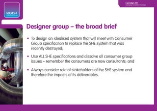 A paradigm shift
                                                                     Leveraging Competitive Advantage




ARMSA
CONSULTING




             Designer group – the broad brief
             • To design an idealised system that will meet with Consumer
               Group specification to replace the SHE system that was
               recently destroyed;
             • Use ALL SHE specifications and dissolve all consumer group
               issues – remember the consumers are now consultants; and

             • Always consider role of stakeholders of the SHE system and
               therefore the impacts of its deliverables.
 