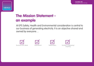 A paradigm shift
                                                                                            Leveraging Competitive Advantage




ARMSA
CONSULTING



             The Mission Statement -
             an example Statement -
              The Mission
              an example
               At EPS Safety, Health and Environmental consideration is central to
               our business of generating electricity. It is an objective shared and
             Atowned by everyone… Environmental consideration is
                EPS Safety, Health and
             central to our business of generating electricity. It is an
             objective shared and owned by everyone…


               Business/SHE ideals   Aspirational   Stakeholders   Exciting/ challenging/
                                                                          inspiring
 