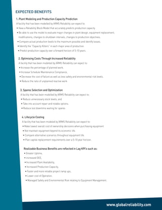 EXPECTED BENEFITS
1. Plant Modeling and Production Capacity Prediction
A facility that has been modelled by ARMS Reliability can expect to:
•	Have	a	Reliability	Block	Model	that	accurately	predicts	production	capacity
•	Be	able	to	use	the	model	to	evaluate	major	changes	in	plant	design,	equipment	replacement,	
  modifications, changes to shutdown intervals, changes to production objectives.
 •	Compare	actual	production	levels	to	the	maximum	possible	and	identify	losses.
 •	Identify	the	“Capacity	Killers”	in	each	major	area	of	production.
 •	Predict	production	capacity	over	a	forward	horizon	of	5-10	years.


  2. Optimising Costs Through Increased Reliability
  A facility that has been modelled by ARMS Reliability can expect to:
  •	Increase	the	percentage	of	planned	work.
  •	Increase	Schedule	Maintenance	Compliance,
   •	Decrease	the	cost	of	failure	as	well	as	less	safety	and	environmental	risk	levels.
   •	Reduce	the	ratio	of	unplanned	reactive	work


   3. Spares Selection and Optimization
    A facility that has been modelled by ARMS Reliability can expect to:
    •	Reduce	unnecessary	stock	levels,	and
    •	Take	into	account	repair	and	rotable	options.
    •	Reduce	lost	downtime	waiting	for	spares


     4. Lifecycle Costing
     A facility that has been modeled by ARMS Reliability can expect to:
      •	Make	lowest	overall	cost	of	ownership	decisions	when	purchasing	equipment
      •	Not	maintain	equipment	beyond	its	economic	life.
      •	Compare	alternative	scenarios	throughout	equipment	life.
      •	Plan	capital	replacement	requirements	over	a	5-10	year	horizon.	


       Realizable Business Benefits are reflected in Lag KPI’s such as:
       •	Greater	Uptime,
       •	increased	OEE,
        •	Increased	Plant	Availability,
        •	Increased	Production	Capacity,
        •	Faster	and	more	reliable	project	ramp	ups,	
        •	Lower	cost	of	Operation.
         •	Managed	Safety	and	Environmental	Risk	relating	to	Equipment	Management.




                                                                                          www.globalreliability.com
 
