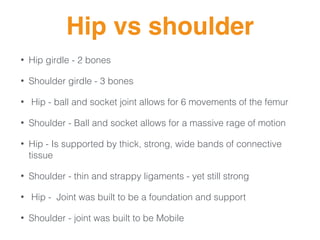 Hip vs shoulder
• Hip girdle - 2 bones
• Shoulder girdle - 3 bones
• Hip - ball and socket joint allows for 6 movements of the femur
• Shoulder - Ball and socket allows for a massive rage of motion
• Hip - Is supported by thick, strong, wide bands of connective
tissue
• Shoulder - thin and strappy ligaments - yet still strong
• Hip - Joint was built to be a foundation and support
• Shoulder - joint was built to be Mobile
 