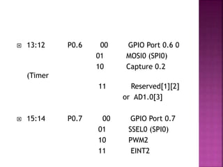  13:12 P0.6 00 GPIO Port 0.6 0
01 MOSI0 (SPI0)
10 Capture 0.2
(Timer
11 Reserved[1][2]
or AD1.0[3]
 15:14 P0.7 00 GPIO Port 0.7
01 SSEL0 (SPI0)
10 PWM2
11 EINT2
 