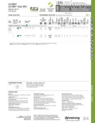 MINERALFIBER
TechLine / 1 877 276-7876
armstrongceilings.com/commercial
(search: ultima)
BPCS-4595-517 314
LEED®
is a registered trademark of the U.S. Green Building Council
DeclareSM
is a service mark of The International Living Future Institute
UL is a registered trademark of UL LLC. All other trademarks used herein
are the property of AWI Licensing LLC and/or its affiliates
© 2016-2017 AWI Licensing LLC Printed in the United States of America
		▲
	 LOCATION DEPENDENT
RECYCLED
CONTENT
LEED®
energy
management
recyclable/
extended
producerresp.
material
ingredient
reporting
recycled
content
sourcingof
rawmaterials
lowemitting/
materials
lighting
quality
biobased
materials
regional
materials
designfor
flexibility
construction
wastemgmt
EPD
acoustics
Calculate LEED contribution at
armstrongceilings.com/greengenie84%
UPTO
ULTIMA®
ULTIMA®
High NRC
Square Lay-in
fine texture
High Performance
Sustainable
Ceiling Systems
Living Building
Challenge Compliant
DeclareSM
Edge
Profile
Susp. Dwg.
Pgs. 407-411
armstrongceilings.
com/catdwgs
Item
No.
Dimensions
(Inches)
UL Classified
Acoustics
Total
Acoustics1
Articulation
Class
Fire
Performance
Light
Reflect
Anti-Mold
Mildew
Sag
Resist
CertifiedLow
VOCEmissions
Wash
Impact
Scratch
Soil
Recycled
Content
Recycle
Program
30-Yr
Warranty
+ =
ULTIMA®
with AirGuard™
Coating Actively removes formaldehyde from indoor air.
Bio-
Block
Humi-
Guard+ Durability
15/16
Square
Lay-in
Square Lay-in 9/16 Angled Tegular 15/16 Angled Tegular Ultima Plank ShipLap
Long Edge Detail
Ultima Plank ShipLap
K2C2 Short
15/16 Chamford Tegular
Cirrus Profiles Chamfered
Tongue and GrooveConcealed Beveled K4C4
Classic Step Tegular Ultima Plank ShipLap
Long Edge Detail
Ultima Plank ShipLap
Beveled Tegular Short
15/16 Classic Step Tegular
~8-ID (99) (drw 10)
9/16 Beveled Tegular 15/16 Beveled Tegular 9/16 Square Cut Tegular 15/16 Square Tegular
9/16 Chamfered Tegular
Cirrus Profiles Chamfered
Concealed
Soft Look Radiused Tegular
9/16 Cubic Graphis
NeoCubic
9/16 Flush Tegular
Ledges
15/16 Flush Tegular
Ledges
9/16 Wrapped Tegular
Graphis Wrapped Linear
and Cubic
9/16 Wrapped Linear and
Mixed Corner “B”
(Flumes, Graphis Linear Corner
 Dots  Squares)
Concealed
Square Edge K4C4
Linear Cubic
Beveled Crossgate
A B
15/16 Vector
C D
15/16 Vector C  D
A B C D
1
	
1900 24 x 24 x 3/4	 0.75
•
35
•
BETTER – Class
A
0.90
•
• • • • • • • • • •
1
	
1903 24 x 48 x 3/4	 0.75
•
35
•
BETTER – Class
A
0.90
•
• • • • • • • • • •
	 1 	Total Acoustics® ceiling panels have an ideal combination of noise reduction and sound-blocking performance in one product.
		GOOD (NRC 0.60-0.65; CAC 35+) BETTER (NRC 0.70-0.75; CAC 35+) BEST (NRC 0.80+; CAC 35+)
VISUAL SELECTION	 PERFORMANCE SELECTION Dots represent high level of performance. $$$$
15/16
Prelude®
SUSPENSION SYSTEMS Blizzard White – Suspension System Finish
A color and texture coordinated suspension
system to complement Ultima ceiling panels
for a monolithic look and feel.
PHYSICAL DATA
Material
Wet-formed mineral fiber with DuraBrite®
acoustically
transparent membrane
Surface Finish
DuraBrite scrim with factory-applied latex paint
Fire Performance
ASTM E84 and CAN/ULC S102 surface burning
characteristics. Flame Spread Index 25 or less.
Smoke Developed Index 50 or less (UL labeled).
ASTM E1264 Classification
Type IV, Form 2, Pattern E
Fire Class A
Humidity/Sag Resistance
HumiGuard®
Plus ceiling panels are recommended
for areas subject to high humidity, up to, but not
including, standing water and outdoor applications.
High Recycled Content
Contains greater than 50% total recycled content.
Total recycled content based on product composition
of post-consumer and pre-consumer (post-industrial)
recycled content per FTC guidelines. HRC items contain
15% or greater post-consumer recycled ceilings.
Insulation Value
R Factor – 2.2 (BTU units)
R Factor – 0.39 (Watts units)
30-Year Performance Guarantee  Warranty
When installed with Armstrong®
Suspension System.
Details at armstrongceilings.com
Weight; Square Feet/Carton
1900, 1903, – 1.08 lbs/SF; 48 SF/ctn
Minimum Order Quantity
1 carton
Mold/Mildew Protection
Ceiling panels with BioBlock®
performance resist
the growth of mold and mildew.
VOC Emissions
Third-party certified compliant with California
Department of Public Health CDPH/EHLB/Standard
Method Version 1.1, 2010. This standard is the
guideline for low emissions in LEED, CalGreen Title
24, ANSI/ASHRAE/USGBC/IES Standard 189; ANSI/GBI
Green Building Assessment Protocol.
Acoustical Performance
CAC testing conducted using Prelude®
XL®
suspension
system.
Primary (Embodied) Energy
See all LCA information on our EPDs.
 