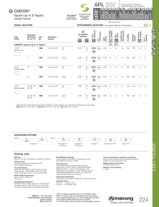 LEED® is a registered trademark of the U.S. Green Building Council
DeclareSM
is a service mark of The International Living Future Institute.
UL is a registered trademark of UL LLC. All other trademarks used herein
are the property of AWI Licensing LLC and/or its affiliates
© 2016-2017 AWI Licensing LLC  Printed in the United States of America
TechLine / 1 877 276-7876
armstrongceilings.com/commercial
(search: canyon)
BPCS-4912-517 224
		▲	 		
	 LOCATION DEPENDENT
RECYCLED
CONTENT
LEED®
energy
management
recyclable/
extended
producerresp.
material
ingredient
reporting
recycled
content
sourcingof
rawmaterials
lowemitting/
materials
lighting
quality
biobased
materials
regional
materials
designfor
flexibility
construction
wastemgmt
EPD
acoustics
Calculate LEED contribution at
armstrongceilings.com/greengenie44%
CANYON®
Square Lay-in  Tegular
smooth texture
30-Year Performance Guarantee  Warranty
When installed with Armstrong Suspension System.
Details at armstrongceilings.com
Weight; Square Feet/Carton
0.76 lbs/SF; 64 SF/ctn
Minimum Order Quantity
1 carton
PHYSICAL DATA
Material
Mineral fiber with acoustically transparent ­membrane
Surface Finish
Acoustically transparent membrane with
factory-applied latex paint
Fire Performance
ASTM E84 and CAN/ULC S102 surface burning
characteristics. Flame Spread Index 25 or less.
Smoke Developed Index 50 or less (UL labeled).
ASTM E1264 Classification
Type IV, Form 2, Pattern E
Fire Class A
Humidity/Sag Resistance
HumiGuard® Plus ceiling panels are recommended
for areas subject to high humidity, up to, but not
including, standing water and outdoor applications.
Mold/Mildew Protection
Ceiling panels with BioBlock® performance resist
the growth of mold and mildew.
VOC Emissions
Third-party certified compliant with California
Department of Public Health CDPH/EHLB/Standard
Method Version 1.1, 2010. This standard is the
guideline for low emissions in LEED, CalGreen Title 24,
ANSI/ASHRAE/USGBC/IES Standard 189; ANSI/GBI
Green Building Assessment Protocol.
Acoustical Performance
CAC testing conducted on Silhouette®
suspension system
Insulation Value
R Factor – 1.5 (BTU units)
R Factor – 0.26 (Watts units)
$$$$
MINERALFIBER
15/16 9/16
Prelude® XL® Silhouette® XL®
1/4 Reveal
Silhouette XL
1/8 Reveal
Suprafine® Interlude® XL® HRC Sonata® XL®
SUSPENSION SYSTEMS
Edge
Profile
Suspension
Detail Dwg.
Pgs. 407-411
Item
No.
Dimensions
(Inches)
UL Classified
Acoustics
Total
Acoustics1
Fire
Performance
Light
Reflect
Anti-Mold
Mildew
Sag
Resist
CertifiedLow
VOCEmissions
Durability
Recycled
Content
Recycle
Program
30-Yr
Warranty
+ =
CANYON®
Square Lay-in  Tegular
Bio
Block
Humi-
Guard+
15/16
Square Lay-in
Square Lay-in 9/16 Angled Tegular 15/16 Angled Tegular Ultima Plank ShipLap
Long Edge Detail
Ultima Plank ShipLap
K2C2 Short
15/16 Chamford Tegular
Cirrus Profiles Chamfered
Tongue and GrooveConcealed Beveled K4C4
Classic Step Tegular Ultima Plank ShipLap
Long Edge Detail
Ultima Plank ShipLap
Beveled Tegular Short
15/16 Classic Step Tegular
~8-ID (99) (drw 10)
9/16 Beveled Tegular 15/16 Beveled Tegular 9/16 Square Cut Tegular 15/16 Square Tegular
9/16 Chamfered Tegular
Cirrus Profiles Chamfered
Concealed
Soft Look Radiused Tegular
9/16 Cubic Graphis
NeoCubic
9/16 Flush Tegular
Ledges
15/16 Flush Tegular
Ledges
9/16 Wrapped Tegular
Graphis Wrapped Linear
and Cubic
9/16 Wrapped Linear and
Mixed Corner “B”
(Flumes, Graphis Linear Corner
 Dots  Squares)
Concealed
Square Edge K4C4
Linear Cubic
Beveled Crossgate
A B
15/16 Vector
C D
15/16 Vector C  D
A B C D
1 1490 24 x 24 x 5/8 0.60 35
•
GOOD Class
A
0.80 • • • Std Std • •
1 1491 24 x 48 x 5/8 0.60 35
•
GOOD Class
A
0.80 • • • Std Std • •
15/16
Beveled Tegular
are Lay-in 9/16 Angled Tegular 15/16 Angled Tegular Ultima Plank ShipLap
Long Edge Detail
Ultima Plank ShipLap
K2C2 Short
15/16 Chamford Tegular
Cirrus Profiles Chamfered
Tongue and Grooveed K4C4
Classic Step Tegular Ultima Plank ShipLap
Long Edge Detail
Ultima Plank ShipLap
Beveled Tegular Short
15/16 Classic Step Tegular
~8-ID (99) (drw 10)
eveled Tegular 15/16 Beveled Tegular 9/16 Square Cut Tegular 15/16 Square Tegular
amfered Tegular
files Chamfered
Concealed
Soft Look Radiused Tegular
9/16 Cubic Graphis
NeoCubic
Flush Tegular
Ledges
15/16 Flush Tegular
Ledges
9/16 Wrapped Tegular
Graphis Wrapped Linear
and Cubic
pped Linear and
d Corner “B”
phis Linear Corner
s  Squares)
Concealed
Square Edge K4C4
Linear Cubic
Beveled Crossgate
A B
15/16 Vector
C D
15/16 Vector C  D
A B C D
15 1492 24 x 24 x 5/8 0.60 35
•
GOOD Class
A
0.80 • • • Std Std • •
15 1493 24 x 48 x 5/8 0.60 35
•
GOOD Class
A
0.80 • • • Std Std • •
9/16
Beveled Tegular
Square Lay-in 9/16 Angled Tegular 15/16 Angled Tegular Ultima Plank ShipLap
Long Edge Detail
Ultima Plank ShipLap
K2C2 Short
15/16 Chamford Tegular
Cirrus Profiles Chamfered
Tongue and GrooveConcealed Beveled K4C4
Classic Step Tegular Ultima Plank ShipLap
Long Edge Detail
Ultima Plank ShipLap
Beveled Tegular Short
15/16 Classic Step Tegular
~8-ID (99) (drw 10)
9/16 Beveled Tegular 15/16 Beveled Tegular 9/16 Square Cut Tegular 15/16 Square Tegular
9/16 Chamfered Tegular
Cirrus Profiles Chamfered
Concealed
Soft Look Radiused Tegular
9/16 Cubic Graphis
NeoCubic
9/16 Flush Tegular
Ledges
15/16 Flush Tegular
Ledges
9/16 Wrapped Tegular
Graphis Wrapped Linear
and Cubic
9/16 Wrapped Linear and
Mixed Corner “B”
(Flumes, Graphis Linear Corner
 Dots  Squares)
Concealed
Square Edge K4C4
Linear Cubic
Beveled Crossgate
A B
15/16 Vector
C D
15/16 Vector C  D
A B C D
44, 48, 29,
52, 56
1494 24 x 24 x 5/8 0.60 35
•
GOOD Class
A
0.80 • • • Std Std • •
44, 48, 29,
52, 56
1495 24 x 48 x 5/8 0.60 35
•
GOOD Class
A
0.80 • • • Std Std • •
	 1 	Total Acoustics®
ceiling panels have an ideal combination of noise reduction and sound-blocking performance in one product.
		GOOD (NRC 0.60-0.65; CAC 35+) BETTER (NRC 0.70-0.75; CAC 35+) BEST (NRC 0.80+; CAC 35+)
VISUAL SELECTION	 PERFORMANCE SELECTION Dots represent high level of performance.
new
High Performance
Sustainable
Ceiling Systems
Living Building
Challenge Compliant
DeclareSM
 