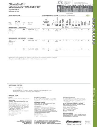 MINERALFIBER
TechLine / 1 877 276-7876
armstrongceilings.com/commercial
(search: ceramaguard)
BPCS-3224-517
LEED® is a registered trademark of the U.S. Green Building Council
UL is a registered trademark of UL LLC. All other trademarks used herein
are the property of AWI Licensing LLC and/or its affiliates
© 2016-2017 AWI Licensing LLC Printed in the United States of America 226
		▲	 		
	 LOCATION DEPENDENT
RECYCLED
CONTENT
LEED®
energy
management
recyclable/
extended
producerresp.
material
ingredient
reporting
recycled
content
sourcingof
rawmaterials
lowemitting/
materials
lighting
quality
biobased
materials
regional
materials
designfor
flexibility
construction
wastemgmt
EPD
acoustics
Calculate LEED contribution at
armstrongceilings.com/greengenie37%CERAMAGUARD®
/
CERAMAGUARD®
FINE FISSURED™
Square Lay-in
medium texture
$$$$
SUSPENSION SYSTEMS
15/16
Prelude®, Prelude® Plus XL® Aluminum, Prelude® XL® Fire Guard™, Prelude® Plus XL® Fire Guard™,
Prelude Plus XL Stainless Steel, Prelude XL for Exterior Applications
PHYSICAL DATA
Material
Wet-formed ceramic and mineral fiber composite
Surface Finish
Scrubbable factory-applied plastic paint finish
Fire Performance
ASTM E84 and CAN/ULC S102 surface burning
characteristics. Flame Spread Index 25 or less.
Smoke Developed Index 50 or less (UL labeled).
Fire Guard™
: A fire-resistive ceiling when used
in applicable UL assemblies (Class A).
ASTM E1264 Classification
Type XX (high density ceramic-like composition
with scrubbable finish).
Pattern C E (items 607, 608);
Pattern G (item 605)
Fire Class A
Application Considerations
For outdoor soffits and canopies, wind uplift should
be considered. Ceramaguard® is non-combustible per
ASTM E136 and ISO 1182. See USCG Approval
164.109/52/0 for marine applications in all waters.
30-Year Performance Guarantee  Warranty
When installed with Armstrong®
Suspension System.
Details at armstrongceilings.com
Weight; Square Feet/Carton
605, 608 – 1.52 lbs/SF; 48 SF/ctn
607 – 1.48 lbs/SF; 48 SF/ctn
Minimum Order Quantity
1 carton
Metric Items Available
605M, 607M, and 608M – Metric items are subject to
extended lead times and minimum quantities. Contact
your representative for more details.
Humidity/Sag Resistance
HumiGuard® Max ceiling panels are recommended
for areas with maximum humidity, including outdoor
applications.
Mold/Mildew Protection
Ceiling panels with BioBlock®
performance resist
the growth of mold and mildew.
VOC Emissions
Third-party certified compliant with California
Department of Public Health CDPH/EHLB/Standard
Method Version 1.1, 2010. This standard is the
guideline for low emissions in LEED, CalGreen Title
24, ANSI/ASHRAE/USGBC/IES Standard 189; ANSI/GBI
Green Building Assessment Protocol.
Insulation Value
R Factor — 1.4 (BTU units)
R Factor — 0.25 (Watts units)
VISUAL SELECTION	 PERFORMANCE SELECTION Dots represent high level of performance.
Edge
Profile
Susp. Dwg.
Pgs. 407-411
armstrongceilings.
com/catdwgs
Item
No.
Dimensions
(Inches)
UL Classified
Acoustics
Total
Acoustics1
Fire
Performance
Light
Reflect
Anti-Mold
Mildew
Sag
Resist
CertifiedLow
VOCEmissions
Wash
Scrub
Soil
Recycled
Content
Recycle
Program
30-Yr
Warranty
NRC + =
CERAMAGUARD® – Unperforated*
Bio-
Block
Humi-
Guard Durability
15/16
Square Lay-in
Square Lay-in 9/16 Angled Tegular 15/16 Angled Tegular Ultima Plank ShipLap
Long Edge Detail
Ultima Plank ShipLap
K2C2 Short
15/16 Chamford Tegular
Cirrus Profiles Chamfered
Tongue and GrooveConcealed Beveled K4C4
Classic Step Tegular Ultima Plank ShipLap
Long Edge Detail
Ultima Plank ShipLap
Beveled Tegular Short
15/16 Classic Step Tegular
~8-ID (99) (drw 10)
9/16 Beveled Tegular 15/16 Beveled Tegular 9/16 Square Cut Tegular 15/16 Square Tegular
9/16 Chamfered Tegular
Cirrus Profiles Chamfered
Concealed
Soft Look Radiused Tegular
9/16 Cubic Graphis
NeoCubic
9/16 Flush Tegular
Ledges
15/16 Flush Tegular
Ledges
9/16 Wrapped Tegular
Graphis Wrapped Linear
and Cubic
9/16 Wrapped Linear and
Mixed Corner “B”
(Flumes, Graphis Linear Corner
 Dots  Squares)
Concealed
Square Edge K4C4
Linear Cubic
Beveled Crossgate
A B
15/16 Vector
C D
15/16 Vector C  D
A B C D
1 605* 24 x 48 x 5/8	 N/A 40
•
– Fire
Guard™
0.88
•
• • • • • • Std – •
CERAMAGUARD® FINE FISSURED™ – Perforated
15/16
Square Lay-in
Square Lay-in 9/16 Angled Tegular 15/16 Angled Tegular Ultima Plank ShipLap
Long Edge Detail
Ultima Plank ShipLap
K2C2 Short
15/16 Chamford Tegular
Cirrus Profiles Chamfered
Tongue and GrooveConcealed Beveled K4C4
Classic Step Tegular Ultima Plank ShipLap
Long Edge Detail
Ultima Plank ShipLap
Beveled Tegular Short
15/16 Classic Step Tegular
~8-ID (99) (drw 10)
9/16 Beveled Tegular 15/16 Beveled Tegular 9/16 Square Cut Tegular 15/16 Square Tegular
9/16 Chamfered Tegular
Cirrus Profiles Chamfered
Concealed
Soft Look Radiused Tegular
9/16 Cubic Graphis
NeoCubic
9/16 Flush Tegular
Ledges
15/16 Flush Tegular
Ledges
9/16 Wrapped Tegular
Graphis Wrapped Linear
and Cubic
9/16 Wrapped Linear and
Mixed Corner “B”
(Flumes, Graphis Linear Corner
 Dots  Squares)
Concealed
Square Edge K4C4
Linear Cubic
Beveled Crossgate
A B
15/16 Vector
C D
15/16 Vector C  D
A B C D
1 607 24 x 24 x 5/8	 0.55 38
•
– Fire
Guard
0.82 • • • • • • Std – •
1 608 24 x 48 x 5/8	 0.55 40
•
– Fire
Guard
0.82 • • • • • • Std – •
1 Total Acoustics®
ceiling panels have an ideal combination of noise reduction and sound-blocking performance in one product.
*	Plain pattern (unperforated) is not appropriate where aesthetics or visual consistency is important.
MAX
 
