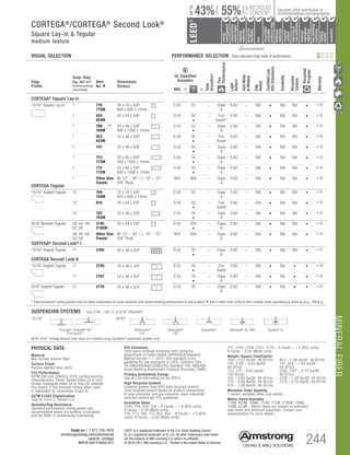 MINERALFIBER
TechLine / 1 877 276-7876
armstrongceilings.com/commercial
(search: cortega)
BPCS-3017/3022-517 244
LEED® is a registered trademark of the U.S. Green Building Council
UL is a registered trademark of UL LLC. All other trademarks used herein
are the property of AWI Licensing LLC and/or its affiliates
© 2016-2017 AWI Licensing LLC Printed in the United States of America
CORTEGA®
/CORTEGA®
Second Look®
Square Lay-in  Tegular
medium texture
VISUAL SELECTION	 PERFORMANCE SELECTION Dots represent high level of performance.
Edge
Profile
Susp. Dwg.
Pgs. 407-411
armstrongceilings.
com/catdwgs
Item
No. ◆
Dimensions
(Inches)
UL Classified
Acoustics
Total
Acoustics1
Fire
Performance
Light
Reflect
Anti-Mold
Mildew
Sag
Resist
CertifiedLow
VOCEmissions
Durability
Recycled
Content
Recycled
Program
Warranty
NRC + =
CORTEGA® Square Lay-in
15/16 Square Lay-in
Square Lay-in 9/16 Angled Tegular 15/16 Angled Tegular Ultima Plank ShipLap
Long Edge Detail
Ultima Plank ShipLap
K2C2 Short
15/16 Chamford Tegular
Cirrus Profiles Chamfered
Tongue and GrooveConcealed Beveled K4C4
Classic Step Tegular Ultima Plank ShipLap
Long Edge Detail
Ultima Plank ShipLap
Beveled Tegular Short
15/16 Classic Step Tegular
~8-ID (99) (drw 10)
9/16 Beveled Tegular 15/16 Beveled Tegular 9/16 Square Cut Tegular 15/16 Square Tegular
9/16 Chamfered Tegular
Cirrus Profiles Chamfered
Concealed
Soft Look Radiused Tegular
9/16 Cubic Graphis
NeoCubic
9/16 Flush Tegular
Ledges
15/16 Flush Tegular
Ledges
9/16 Wrapped Tegular
Graphis Wrapped Linear
and Cubic
9/16 Wrapped Linear and
Mixed Corner “B”
(Flumes, Graphis Linear Corner
 Dots  Squares)
Concealed
Square Edge K4C4
Linear Cubic
Beveled Crossgate
A B
15/16 Vector
C D
15/16 Vector C  D
A B C D
1 770
770M
24 x 24 x 5/8	
600 x 600 x 15mm
0.55 33 – Class
A
0.82 – Std • Std Std • 1-Yr
1 824
824M
24 x 24 x 5/8	 0.55 35
•
– Fire
Guard™
0.82 – Std • Std Std • 1-Yr
1 769 _ _◆
769M
24 x 48 x 5/8	
600 x 1200 x 15mm
0.55 35
•
– Class
A
0.82 – Std • Std Std • 1-Yr
1 823
823M
24 x 48 x 5/8	 0.55 35
•
– Fire
Guard
0.82 – Std • Std Std • 1-Yr
1 747 24 x 48 x 5/8	 0.55 40
•
– Class
A
0.82 – Std • Std Std • 1-Yr
1 773
773M
20 x 60 x 5/8	
500 x 1500 x 15mm
0.55 35
•
– Class
A
0.82 – Std • Std Std • 1-Yr
1 772
772M
24 x 60 x 5/8	
600 x 1500 x 15mm
0.55 35
•
– Class
A
0.82 – Std • Std Std • 1-Yr
1 Other Size
Panels
W: 12 – 30 / L: 18 – 72
5/8 Thick
N/A N/A – Class
A
0.82 – Std • Std Std • 1-Yr
CORTEGA Tegular
15/16 Angled Tegular
Angled Tegular 15/16 Angled Tegular Ultima Plank ShipLap
Long Edge Detail
Ultima Plank ShipLap
K2C2 Short
hamford Tegular
files Chamfered
Groove
Classic Step Tegular Ultima Plank ShipLap
Long Edge Detail
Ultima Plank ShipLap
Beveled Tegular Short
15/16 Classic Step Tegular
~8-ID (99) (drw 10)
Beveled Tegular 9/16 Square Cut Tegular 15/16 Square Tegular
Concealed
Soft Look Radiused Tegular
9/16 Cubic Graphis
NeoCubic
 Flush Tegular
Ledges
9/16 Wrapped Tegular
Graphis Wrapped Linear
and Cubic
oncealed
e Edge K4C4
Linear Cubic
Beveled Crossgate
A B
15/16 Vector
C D
15/16 Vector C  D
A B C D
12 704
704M
24 x 24 x 5/8	
600 x 600 x 15mm
0.55 33 – Class
A
0.82 – Std • Std Std • 1-Yr
12 816 24 x 24 x 5/8	 0.55 35
•
– Fire
Guard
0.82 – Std • Std Std • 1-Yr
12 703
703M
24 x 48 x 5/8	 0.55 35
•
– Class
A
0.82 – Std • Std Std • 1-Yr
9/16 Beveled Tegular
Square Lay-in 9/16 Angled Tegular 15/16 Angled Tegular Ultima Plank ShipLap
Long Edge Detail
Ultima Plank ShipLap
K2C2 Short
15/16 Chamford Tegular
Cirrus Profiles Chamfered
Tongue and GrooveConcealed Beveled K4C4
Classic Step Tegular Ultima Plank ShipLap
Long Edge Detail
Ultima Plank ShipLap
Beveled Tegular Short
15/16 Classic Step Tegular
~8-ID (99) (drw 10)
9/16 Beveled Tegular 15/16 Beveled Tegular 9/16 Square Cut Tegular 15/16 Square Tegular
9/16 Chamfered Tegular
Cirrus Profiles Chamfered
Concealed
Soft Look Radiused Tegular
9/16 Cubic Graphis
NeoCubic
9/16 Flush Tegular
Ledges
15/16 Flush Tegular
Ledges
9/16 Wrapped Tegular
Graphis Wrapped Linear
and Cubic
9/16 Wrapped Linear and
Mixed Corner “B”
(Flumes, Graphis Linear Corner
 Dots  Squares)
Concealed
Square Edge K4C4
Linear Cubic
Beveled Crossgate
A B
15/16 Vector
C D
15/16 Vector C  D
A B C D
29, 44, 48,
52, 56
2195
2195M
24 x 24 x 5/8	 0.55 35*
•
– Class
A
0.82 – Std • Std Std • 1-Yr
29, 44, 48,
52, 56
Other Size
Panels
W: 12 – 30 / L: 18 – 72
5/8 Thick
N/A N/A – Class
A
0.82 – Std • Std Std • 1-Yr
CORTEGA®
Second Look®
I
15/16 Angled Tegular 11 2765 24 x 48 x 3/4	 0.55 35
•
– Class
A
0.82 – Std • Std Std • 1-Yr
CORTEGA Second Look II
15/16 Angled Tegular
Angled Tegular 15/16 Angled Tegular Ultima Plank ShipLap
Long Edge Detail
Ultima Plank ShipLap
K2C2 Short
hamford Tegular
files Chamfered
Groove
Classic Step Tegular Ultima Plank ShipLap
Long Edge Detail
Ultima Plank ShipLap
Beveled Tegular Short
15/16 Classic Step Tegular
~8-ID (99) (drw 10)
Beveled Tegular 9/16 Square Cut Tegular 15/16 Square Tegular
Concealed
Soft Look Radiused Tegular
9/16 Cubic Graphis
NeoCubic
 Flush Tegular
9/16 Wrapped Tegular
Graphis Wrapped Linear
and Cubic
oncealed
e Edge K4C4
Linear Cubic
Beveled Crossgate
A B
15/16 Vector
C D
15/16 Vector C  D
A B C D
11 2758 24 x 48 x 3/4	 0.55 40
•
– Fire
Guard
0.82 – Std • Std • • 1-Yr
11 2767 24 x 48 x 3/4	 0.55 35
•
– Class
A
0.82 – Std • Std • • 1-Yr
9/16 Angled Tegular
are Lay-in 9/16 Angled Tegular 15/16 Angled Tegular Ultima Plank ShipLap
Long Edge Detail
Ultima Plank ShipLap
K2C2 Short
15/16 Chamford Tegular
Cirrus Profiles Chamfered
Tongue and Grooveed K4C4
Classic Step Tegular Ultima Plank ShipLap
Long Edge Detail
Ultima Plank ShipLap
Beveled Tegular Short
15/16 Classic Step Tegular
~8-ID (99) (drw 10)
eveled Tegular 15/16 Beveled Tegular 9/16 Square Cut Tegular 15/16 Square Tegular
amfered Tegular
files Chamfered
Concealed
Soft Look Radiused Tegular
9/16 Cubic Graphis
NeoCubic
9/16 Wrapped Tegular
Graphis Wrapped Linear
and Cubic
pped Linear and
Corner “B”
phis Linear Corner
 Squares)
Concealed
Square Edge K4C4
Linear Cubic
Beveled Crossgate
A B
15/16 Vector
C D
15/16 Vector C  D
A B C D
27 2776 24 x 48 x 3/4	 0.55 30 – Class
A
0.82 – Std • Std • • 1-Yr
1 	Total Acoustics®
ceiling panels have an ideal combination of noise reduction and sound-blocking performance in one product. ◆ Add 2-letter color suffix to item number when specifying or ordering (e.g., 769 B L).
SUSPENSION SYSTEMS * Item 2195 – CAC 31 on 9/16 Silhouette®
.
15/16 9/16
Prelude®
, Prelude®
XL®
Fire Guard™
Silhouette®
1/4
Silhouette®
1/8
Suprafine®
Interlude®
XL HRC Sonata®
XL
NOTE: 9/16 Cortega Second Look items are installed using Suprafine® suspension systems only.
$$$$
		▲	 		
	 LOCATION DEPENDENT
LEED®
energy
management
recyclable/
extended
producerresp.
material
ingredient
reporting
recycled
content
sourcingof
rawmaterials
lowemitting/
materials
lighting
quality
biobased
materials
regional
materials
designfor
flexibility
construction
wastemgmt
EPD
acoustics
Calculate LEED contribution at
armstrongceilings.com/greengenie55% RECYCLED
CONTENT
UPTO
CORTEGA
2ND
LOOK
CORTEGA
43%
PHYSICAL DATA
Material
Wet-formed mineral fiber
Surface Finish
Factory-applied latex paint
Fire Performance
ASTM E84 and CAN/ULC S102 surface burning
characteristics. Flame Spread Index 25 or less.
Smoke Developed Index 50 or less (UL labeled).
Fire Guard: A fire-resistive ceiling when used
in applicable UL assemblies (Class A).
ASTM E1264 Classification
Type III, Form 2, Pattern C D
Humidity/Sag Resistance
Standard performance ceiling panels are
recommended where the building is enclosed
and the HVAC is continuously functioning.
VOC Emissions
Third-party certified compliant with California
Department of Public Health CDPH/EHLB/Standard
Method Version 1.1, 2010. This standard is the
guideline for low emissions in LEED, CalGreen Title
24, ANSI/ASHRAE/USGBC/IES Standard 189; ANSI/GBI
Green Building Assessment Protocol. (Excludes 769BL)
Primary (Embodied) Energy
See all LCA information on our EPD’s.
High Recycled Content
Contains greater than 50% total recycled content.
Total recycled content based on product composition
of post-consumer and pre-consumer (post-industrial)
recycled content per FTC guidelines.
Insulation Value
2195, 704, 816, 703 – R Factor – 1.6 (BTU units);
R Factor – 0.28 (Watts units)
770, 772, 769, 773, 823, 824 – R Factor – 1.5 (BTU
units); R Factor – 0.26 (Watts units)
747, 2765, 2758, 2767, 2776 – R Factor – 1.5 (BTU units);
R Factor – 0.26 (Watts units)
Weight; Square Feet/Carton
769 – 0.61 lbs/SF; 96 SF/ctn
704, 2195 – 0.63 lbs/SF;
64 SF/ctn
772, 773 – 0.63 lbs/SF;
100 SF/ctn
703 – 0.65 lbs/SF; 80 SF/ctn
770 – 0.69 lbs/SF; 64 SF/ctn
816 – 1.08 lbs/SF; 48 SF/ctn
Minimum Order Quantity
1 carton, excludes other size panels.
Metric Items Available
770M, 824M, 769M, 773M, 772M, 2195M, 704M,
703M, 823M – Metric items are subject to extended
lead times and minimum quantities. Contact your
representative for more details.
823 – 1.09 lbs/SF; 48 SF/ctn
747, 824 – 1.09 lbs/SF;
64 SF/ctn
2765, 2767 – 0.73 lbs/SF;
80 SF/ctn
2758 – 1.26 lbs/SF; 64 SF/ctn
2776 – 0.70 lbs/SF; 80 SF/ctn
 