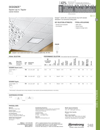 MINERALFIBER
TechLine / 1 877 276-7876
armstrongceilings.com/commercial
(search: designer)
BPCS-3024-517 248
LEED® is a registered trademark of the U.S. Green Building Council
UL is a registered trademark of UL LLC. All other trademarks used herein
are the property of AWI Licensing LLC and/or its affiliates
© 2016-2017 AWI Licensing LLC Printed in the United States of America
DESIGNER™
Square Lay-in, Tegular
coarse texture
Weight; Square Feet/Carton
734 – 0.80 lbs/SF; 80 SF/ctn
735, 737 – 0.80 lbs/SF; 64 SF/ctn
Minimum Order Quantity
1 carton
Metric Items Available
735M, 734M, 737M – Metric items are subject
to extended lead times and minimum quantities.
Contact your representative for more details.
PHYSICAL DATA
Material
Wet-formed mineral fiber
Surface Finish
Factory-applied latex paint
Fire Performance
Class A: Flame Spread Index 25
or less (UL labeled) per ASTM E1264
ASTM E1264 Classification
Type III, Form 2, Pattern F
Fire Class A
Humidity/Sag Resistance
Standard performance ceiling panels are recommended
where the building is enclosed and the HVAC is
continuously functioning.
Insulation Value
R Factor – 1.5 (BTU units)
R Factor – 0.26 (Watts units)
Warranty
Details at armstrongceilings.com
TYPICAL APPLICATIONS
• Utility rooms
• Discount stores
• Supply and storage rooms
COLOR
White
(WH)
KEY SELECTION ATTRIBUTES
• Standard sound absorption
• Cost-effective
VISUAL SELECTION	 PERFORMANCE SELECTION Dots represent high level of performance.
Designer™
Lay-in panels with Prelude®
15/16 suspension system (Pgs. 391-392)
Edge
Profile
Susp. Dwg.
Pgs. 407-411
armstrongceilings.
com/catdwgs
Item
No.
Dimensions
(Inches)
UL Classified
Acoustics
Total
Acoustics1
Fire
Performance
Light
Reflect
Anti-Mold
Mildew
Sag
Resist
CertifiedLow
VOCEmissions
Durability
Recycled
Content
Recycle
Program
Warranty
NRC + CAC =
DESIGNER Square Lay-in
15/16 Square
Lay-in
Square Lay-in 9/16 Angled Tegular 15/16 Angled Tegular Ultima Plank ShipLap
Long Edge Detail
Ultima Plank ShipLap
K2C2 Short
15/16 Chamford Tegular
Cirrus Profiles Chamfered
Tongue and GrooveConcealed Beveled K4C4
Classic Step Tegular Ultima Plank ShipLap
Long Edge Detail
Ultima Plank ShipLap
Beveled Tegular Short
15/16 Classic Step Tegular
~8-ID (99) (drw 10)
9/16 Beveled Tegular 15/16 Beveled Tegular 9/16 Square Cut Tegular 15/16 Square Tegular
9/16 Chamfered Tegular
Cirrus Profiles Chamfered
Concealed
Soft Look Radiused Tegular
9/16 Cubic Graphis
NeoCubic
9/16 Flush Tegular
Ledges
15/16 Flush Tegular
Ledges
9/16 Wrapped Tegular
Graphis Wrapped Linear
and Cubic
9/16 Wrapped Linear and
Mixed Corner “B”
(Flumes, Graphis Linear Corner
 Dots  Squares)
Concealed
Square Edge K4C4
Linear Cubic
Beveled Crossgate
A B
15/16 Vector
C D
15/16 Vector C  D
A B C D
1 735 24 x 24 x 5/8	 0.55 30 – Class A 0.81 – Std – Std Std • 1-Yr
1 734 24 x 48 x 5/8	 0.55 30 – Class A 0.81 – Std – Std Std • 1-Yr
DESIGNER Tegular
15/16 Angled
Tegular
Angled Tegular 15/16 Angled Tegular Ultima Plank ShipLap
Long Edge Detail
Ultima Plank ShipLap
K2C2 Short
hamford Tegular
ofiles Chamfered
Groove
Classic Step Tegular Ultima Plank ShipLap
Long Edge Detail
Ultima Plank ShipLap
Beveled Tegular Short
15/16 Classic Step Tegular
~8-ID (99) (drw 10)
Beveled Tegular 9/16 Square Cut Tegular 15/16 Square Tegular
Concealed
Soft Look Radiused Tegular
9/16 Cubic Graphis
NeoCubic
9/16 Wrapped Tegular
Graphis Wrapped Linear
and Cubic
oncealed
re Edge K4C4
Linear Cubic
Beveled Crossgate
A B
15/16 Vector
C D
15/16 Vector C  D
A B C D
13 737 24 x 24 x 5/8	 0.55 33 – Class A 0.81 – Std – Std Std • 1-Yr
1 	Total Acoustics® ceiling panels have an ideal combination of noise reduction and sound-blocking performance in one product.
SUSPENSION SYSTEMS
15/16
Prelude
Designer™ panels offer a coarse-textured visual with standard
absorption in an economical ceiling panel.
$$$$
		▲	 		
	 LOCATION DEPENDENT
RECYCLED
CONTENT
LEED®
energy
management
recyclable/
extended
producerresp.
material
ingredient
reporting
recycled
content
sourcingof
rawmaterials
lowemitting/
materials
lighting
quality
biobased
materials
regional
materials
designfor
flexibility
construction
wastemgmt
EPD
acoustics
42%
UPTO
Calculate LEED contribution at
armstrongceilings.com/greengenie
 