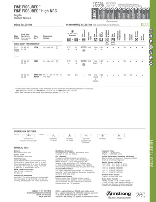 TechLine / 1 877 276-7876
armstrongceilings.com/commercial
(search: fine fissured)
BPCS-3026-517
MINERALFIBER
260
LEED® is a registered trademark of the U.S. Green Building Council
UL is a registered trademark of UL LLC. All other trademarks used herein
are the property of AWI Licensing LLC and/or its affiliates
© 2016-2017 AWI Licensing LLC Printed in the United States of America
Insulation Value
R Factor – 1.5 (BTU units)
R Factor – 0.26 (Watts units)
30-Year Performance Guarantee  Warranty
When installed with Armstrong® Suspension System.
Details at armstrongceilings.com
Weight; Square Feet/Carton
1820, 1821 – 1.31 lbs/SF; 48 SF/ctn
1717, 1719 – 1.25 lbs/SF; 48 SF/ctn
1834 – 1.05 lbs/SF; 64 SF/ctn
1734 – 0.70 lbs/SF; 64 SF/ctn
1835 – 1.05 lbs/SF; 48 SF/ctn
1824 – 1.20 lbs/SF; 64 SF/ctn
Minimum Order Quantity
1 carton, excludes other sizes
Metric Items Available
1820M, 1821M, 1717M, 1719M, 1834M,
1734M, 1824M – Metric items are subject to
extended lead times and minimum quantities.
Contact your representative for more details.
PHYSICAL DATA
Material
Wet-formed mineral fiber
Surface Finish
Factory-applied latex paint
Fire Performance
ASTM E84 and CAN/ULC S102 surface burning
characteristics. Flame Spread Index 25 or less.
Smoke Developed Index 50 or less. (UL labeled).
Fire Guard™: A fire-resistive ceiling when used
in applicable UL ­assemblies (Class A).
ASTM E1264 Classification
Type III, Form 2, Pattern C E
Fire Class A
Humidity/Sag Resistance
HumiGuard® Plus ceiling panels are recommended
for areas subject to high humidity, up to, but not
including, standing water and outdoor applications.
Mold/Mildew Protection
Ceiling panels with BioBlock® performance resist
the growth of mold and mildew.
VOC Emissions
Third-party certified compliant with California
Department of Public Health CDPH/EHLB/Standard
Method Version 1.1, 2010. This standard is the
guideline for low emissions in LEED, CalGreen Title
24, ANSI/ASHRAE/USGBC/IES Standard 189; ANSI/GBI
Green Building Assessment Protocol (excludes item 1835).
Acoustical Performance
CAC testing conducted using Prelude® XL® suspension
system for 15/16” edge detail and Silhouette® suspension
system for 9/16” edge detail.
High Recycled Content
Contains greater than 50% total recycled content.
Total recycled content based on product composition
of post-consumer and pre-consumer (post-industrial)
recycled content per FTC guidelines.
Edge
Profile
Susp. Dwg.
Pgs. 407-411
armstrongceilings.
com/catdwgs
Item
No. ◆
Dimensions
(Inches)
UL Classified
Acoustics
Total
Acoustics1
Articulation
Class
Fire
Performance
Light
Reflect
Anti-Mold
Mildew
Sag
Resist
CertifiedLow
VOCEmissions
Durability
Recycled
Content
Recycle
Program
30-Yr
Warranty
+ =
School Zone® FINE FISSURED™
Bio-
Block
Humi-
Guard+
9/16
Beveled
Tegular
Square Lay-in 9/16 Angled Tegular 15/16 Angled Tegular Ultima Plank ShipLap
Long Edge Detail
Ultima Plank ShipLap
K2C2 Short
15/16 Chamford Tegular
Cirrus Profiles Chamfered
Tongue and GrooveConcealed Beveled K4C4
Classic Step Tegular Ultima Plank ShipLap
Long Edge Detail
Ultima Plank ShipLap
Beveled Tegular Short
15/16 Classic Step Tegular
~8-ID (99) (drw 10)
9/16 Beveled Tegular 15/16 Beveled Tegular 9/16 Square Cut Tegular 15/16 Square Tegular
9/16 Chamfered Tegular
Cirrus Profiles Chamfered
Concealed
Soft Look Radiused Tegular
9/16 Cubic Graphis
NeoCubic
9/16 Flush Tegular
Ledges
15/16 Flush Tegular
Ledges
9/16 Wrapped Tegular
Graphis Wrapped Linear
and Cubic
9/16 Wrapped Linear and
Mixed Corner “B”
(Flumes, Graphis Linear Corner
 Dots  Squares)
Concealed
Square Edge K4C4
Linear Cubic
Beveled Crossgate
A B
15/16 Vector
C D
15/16 Vector C  D
A B C D
29, 44, 48,
52, 56
1719 _ _ 24 x 24 x 3/4	 0.70
•
40
•
BETTER N/A Class
A
0.85
•
• • • Std • • •
29, 44, 48,
52, 56
1821 24 x 24 x 3/4	 0.70
•
35
•
BETTER N/A Fire
Guard™
0.85
•
• • • Std • • •
29, 44, 48,
52, 56
Other Size
Panels
W: 12 - 30 / L: 18 - 72
3/4 thick
N/A N/A – N/A Fire
Guard
or
Class A
0.85
•
• • • Std Std • •
	 1 	Total Acoustics®
ceiling panels have an ideal combination of noise reduction and sound-blocking performance in one product.
		GOOD (NRC 0.60-0.65; CAC 35+) BETTER (NRC 0.70-0.75; CAC 35+) BEST (NRC 0.80+; CAC 35+)
	◆	
Add 2-letter color suffix to item number when specifying or ordering (e.g., 1719 C R)
FINE FISSURED™
FINE FISSURED™
High NRC
Tegular
medium texture
VISUAL SELECTION	 PERFORMANCE SELECTION Dots represent high level of performance. $$$$
SUSPENSION SYSTEMS
15/16 9/16
Prelude®
XL®
Prelude® XL® Fire Guard™
Silhouette®
1/4 Reveal
Silhouette
1/8 Reveal
Suprafine®
Suprafine® XL®
Fire Guard™
Interlude®
Sonata®
		▲	 		
	 LOCATION DEPENDENT
RECYCLED
CONTENT
LEED®
energy
management
recyclable/
extended
producerresp.
material
ingredient
reporting
recycled
content
sourcingof
rawmaterials
lowemitting/
materials
lighting
quality
biobased
materials
regional
materials
designfor
flexibility
construction
wastemgmt
EPD
acoustics
56%
UPTO
Calculate LEED contribution at
armstrongceilings.com/greengenie
 