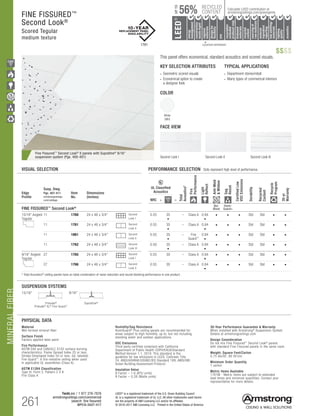 TechLine / 1 877 276-7876
armstrongceilings.com/commercial
(search: fine fissured)
BPCS-3027-517
MINERALFIBER
261
LEED® is a registered trademark of the U.S. Green Building Council
UL is a registered trademark of UL LLC. All other trademarks used herein
are the property of AWI Licensing LLC and/or its affiliates
© 2016-2017 AWI Licensing LLC Printed in the United States of America
FINE FISSURED™
Second Look®
Scored Tegular
medium texture
PHYSICAL DATA
Material
Wet-formed mineral fiber
Surface Finish
Factory-applied latex paint
Fire Performance
ASTM E84 and CAN/ULC S102 surface burning
characteristics. Flame Spread Index 25 or less.
Smoke Developed Index 50 or less. (UL labeled).
Fire Guard™: A fire-resistive ceiling when used
in applicable UL assemblies (Class A).
ASTM E1264 Classification
Type III, Form 2, Pattern C E K
Fire Class A
30-Year Performance Guarantee  Warranty
When installed with Armstrong® Suspension System.
Details at armstrongceilings.com
Design Consideration
Do not mix Fine Fissured™ Second Look® panels
with standard Fine Fissured panels in the same room.
Weight; Square Feet/Carton
0.75 lbs/SF; 80 SF/ctn
Minimum Order Quantity
1 carton
Metric Items Available
1761M - Metric items are subject to extended
lead times and minimum quantities. Contact your
representative for more details.
Humidity/Sag Resistance
HumiGuard® Plus ceiling panels are recommended for
areas subject to high humidity, up to, but not including,
standing water and outdoor applications.
VOC Emissions
Third-party certified compliant with California
Department of Public Health CDPH/EHLB/Standard
Method Version 1.1, 2010. This standard is the
guideline for low emissions in LEED, CalGreen Title
24, ANSI/ASHRAE/USGBC/IES Standard 189; ANSI/GBI
Green Building Assessment Protocol.
Insulation Value
R Factor – 1.6 (BTU units) 
R Factor – 0.28 (Watts units)
TYPICAL APPLICATIONS
• Department stores/retail
• Many types of commerical interiors
KEY SELECTION ATTRIBUTES
• Geometric scored visuals
• Economical option to create
a designer look
Fine Fissured™
Second Look®
II panels with Suprafine®
9/16
suspension system (Pgs. 400-401)
Edge
Profile
Susp. Dwg.
Pgs. 407-411
armstrongceilings.
com/catdwgs
Item
No.
Dimensions
(Inches)
UL Classified
Acoustics
Total
Acoustics1
Fire
Performance
Light
Reflect
Anti-Mold
Mildew
Sag
Resist
CertifiedLow
VOCEmissions
Durability
Recycled
Content
Recycle
Program
30-yr
Warranty
NRC + =
FINE FISSURED™
Second Look®
Bio-
Block
Humi-
Guard+
15/16 Angled
Tegular
Tegular 15/16 Angled Tegular Ultima Plank ShipLap
Long Edge Detail
Ultima Plank ShipLap
K2C2 Short
d Tegular
hamfered
Classic Step Tegular Ultima Plank ShipLap
Long Edge Detail
Ultima Plank ShipLap
Beveled Tegular Short
15/16 Classic Step Tegular
~8-ID (99) (drw 10)
d Tegular 9/16 Square Cut Tegular 15/16 Square Tegular
Concealed
Soft Look Radiused Tegular
9/16 Cubic Graphis
NeoCubic
Tegular
s
9/16 Wrapped Tegular
Graphis Wrapped Linear
and Cubic
d
K4C4
Linear Cubic
Beveled Crossgate
A B
15/16 Vector
C D
15/16 Vector C  D
A B C D
11 1760 24 x 48 x 3/4 Second
Look I
	0.55 35
•
– Class A 0.84
•
• • • Std Std • •
11 1761 24 x 48 x 3/4 Second
Look II
0.55 35
•
– Class A 0.84
•
• • • Std Std • •
11 1861 24 x 48 x 3/4 Second
Look II
0.55 35
•
– Fire
Guard™
0.84
•
• • • Std Std • •
11 1762 24 x 48 x 3/4 Second
Look III
0.50 35
•
– Class A 0.84
•
• • • Std Std • •
9/16 Angled
Tegular
-in 9/16 Angled Tegular 15/16 Angled Tegular Ultima Plank ShipLap
Long Edge Detail
Ultima Plank ShipLap
K2C2 Short
15/16 Chamford Tegular
Cirrus Profiles Chamfered
Tongue and Groove4
Classic Step Tegular Ultima Plank ShipLap
Long Edge Detail
Ultima Plank ShipLap
Beveled Tegular Short
15/16 Classic Step Tegular
~8-ID (99) (drw 10)
Tegular 15/16 Beveled Tegular 9/16 Square Cut Tegular 15/16 Square Tegular
d Tegular
hamfered
Concealed
Soft Look Radiused Tegular
9/16 Cubic Graphis
NeoCubic
9/16 Wrapped Tegular
Graphis Wrapped Linear
and Cubic
near and
r “B”
near Corner
ares)
Concealed
Square Edge K4C4
Linear Cubic
Beveled Crossgate
A B
15/16 Vector
C D
15/16 Vector C  D
A B C D
27 1765 24 x 48 x 3/4 Second
Look I
	0.55 30 – Class A 0.84
•
• • • Std Std • •
27 1766 24 x 48 x 3/4 Second
Look II
0.55 30 – Class A 0.84
•
• • • Std Std • •
1 Total Acoustics®
ceiling panels have an ideal combination of noise reduction and sound-blocking performance in one product.
VISUAL SELECTION	 PERFORMANCE SELECTION Dots represent high level of performance.
SUSPENSION SYSTEMS
15/16 9/16
Prelude®
Prelude®
XL®
Fire Guard™
Suprafine®
FACE VIEW
This panel offers economical, standard acoustics and scored visuals.
COLOR
White
(WH)
$$$$
Second Look I Second Look II Second Look III
1761
		▲	 		
	 LOCATION DEPENDENT
RECYCLED
CONTENT
LEED®
energy
management
recyclable/
extended
producerresp.
material
ingredient
reporting
recycled
content
sourcingof
rawmaterials
lowemitting/
materials
lighting
quality
biobased
materials
regional
materials
designfor
flexibility
construction
wastemgmt
EPD
acoustics
56%
UPTO
Calculate LEED contribution at
armstrongceilings.com/greengenie
 
