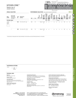 MINERALFIBER
TechLine / 1 877 276-7876
armstrongceilings.com/commercial
(search: kitchen zone)
BPCS-4667-517 268
LEED® is a registered trademark of the U.S. Green Building Council
UL is a registered trademark of UL LLC. All other trademarks used herein
are the property of AWI Licensing LLC and/or its affiliates
© 2016-2017 AWI Licensing LLC Printed in the United States of America
Edge
Profile
Susp. Dwg.
Pgs. 407-411
armstrongceilings.
com/catdwgs
Item
No.
Dimensions
(Inches)
Total
Acoustics1
Fire
Performance
Light
Reflect
Anti-Mold
Mildew
Sag
Resist
CertifiedLow
VOCEmissions
Water
Repel
Wash
Scratch
Soil
Recycled
Content
Recycle
Program
30-Yr
Warranty
NRC + CAC =
KITCHEN ZONE™
Bio-
Block
Humi-
Guard+ Durability
15/16
Square
Lay-in
Square Lay-in 9/16 Angled Tegular 15/16 Angled Tegular Ultima Plank ShipLap
Long Edge Detail
Ultima Plank ShipLap
K2C2 Short
15/16 Chamford Tegular
Cirrus Profiles Chamfered
Tongue and GrooveConcealed Beveled K4C4
Classic Step Tegular Ultima Plank ShipLap
Long Edge Detail
Ultima Plank ShipLap
Beveled Tegular Short
15/16 Classic Step Tegular
~8-ID (99) (drw 10)
9/16 Beveled Tegular 15/16 Beveled Tegular 9/16 Square Cut Tegular 15/16 Square Tegular
9/16 Chamfered Tegular
Cirrus Profiles Chamfered
Concealed
Soft Look Radiused Tegular
9/16 Cubic Graphis
NeoCubic
9/16 Flush Tegular
Ledges
15/16 Flush Tegular
Ledges
9/16 Wrapped Tegular
Graphis Wrapped Linear
and Cubic
9/16 Wrapped Linear and
Mixed Corner “B”
(Flumes, Graphis Linear Corner
 Dots  Squares)
Concealed
Square Edge K4C4
Linear Cubic
Beveled Crossgate
A B
15/16 Vector
C D
15/16 Vector C  D
A B C D
1 673 24 x 24 x 5/8 N/A 33 – Class A 0.89
•
• • – • • • • Std • •
1 672 24 x 48 x 5/8 N/A 33 – Class A 0.89
•
• • – • • • • Std • •
1 Total Acoustics® ceiling panels have an ideal combination of noise reduction and sound-blocking performance in one product.
KITCHEN ZONE™
Square Lay-in
smooth texture
VISUAL SELECTION	 PERFORMANCE SELECTION Dots represent high level of performance.
30-Year Performance Guarantee  Warranty
When installed with Armstrong®
Suspension System.
Details at armstrongceilings.com
Cleaning Recommendations
To clean panel, use a clean, white cloth with water or
a mild detergent and wipe surface. To disinfect panel,
lightly spray surface and wipe clean with a clean, white
cloth. Acceptable colorless disinfectants include:
• Sodium hypochlorite	 • Hydrogen peroxide
• Quaternary ammonium
Weight; Square Feet/Carton
672 – 0.67 lbs/SF; 96 SF/ctn
673 – 0.82 lbs/SF; 64 SF/ctn
Minimum Order Quantity
1 carton
PHYSICAL DATA
Material
Wet-formed mineral fiber
Surface Finish
Factory-applied latex paint
Fire Performance
ASTM E84 surface burning characteristics.
Flame Spread Index 25 or less. Smoke Developed
Index 50 or less.
ASTM E1264 Classification
Type IX, Form 2, Pattern G
Fire Class A
Humidity/Sag Resistance
HumiGuard®
Plus ceiling panels are recommended for
areas subject to high humidity, up to, but not including,
standing water and outdoor applications.
Mold/Mildew Protection
Ceiling panels with BioBlock®
performance resist
the growth of mold and mildew.
Insulation Value
R Factor – 1.6 (BTU units)
R Factor – 0.28 (Watts units)
Application Consideration
Not designed for use in close proximity to commercial
grease ducts.
SUSPENSION SYSTEMS
15/16
Prelude®
$$$$
		▲	 		
	 LOCATION DEPENDENT
RECYCLED
CONTENT
LEED®
energy
management
recyclable/
extended
producerresp.
material
ingredient
reporting
recycled
content
sourcingof
rawmaterials
lowemitting/
materials
lighting
quality
biobased
materials
regional
materials
designfor
flexibility
construction
wastemgmt
EPD
acoustics
36%
UPTO
Calculate LEED contribution at
armstrongceilings.com/greengenie
 