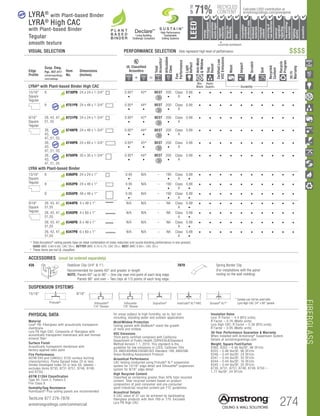FIBERGLASS
274TechLine 877 276-7876
armstrongceilings.com/commercial
Edge
Profile
Susp. Dwg.
Pgs. 407-411
armstrongceilings.
com/catdwgs
Item
No.
Dimensions
(Inches)
UL Classified
Acoustics
Total
Acoustics1
Articulation
Class
Fire
Performance
Light
Reflect
Anti-Mold
Mildew
Sag
Resist
CertifiedLow
VOCEmissions
Wash
Impact
Scratch
Soil
Recycled
Content
Recycle
Program
30-Yr
Warranty
+ =
LYRA®
with Plant-based Binder High CAC
Bio-
Block
Humi-
Guard+ Durability
15/16
Square
Tegular
 Angled Tegular Ultima Plank ShipLap
Long Edge Detail
Ultima Plank ShipLap
K2C2 Short
Step Tegular Ultima Plank ShipLap
Long Edge Detail
Ultima Plank ShipLap
Beveled Tegular Short
15/16 Classic Step Tegular
~8-ID (99) (drw 10)
Square Cut Tegular 15/16 Square Tegular
Concealed
Soft Look Radiused Tegular
Cubic Graphis
eoCubic
9/16 Wrapped Tegular
Graphis Wrapped Linear
and Cubic
near Cubic
eled Crossgate
A B
15/16 Vector
C D
15/16 Vector C  D
A B C D
8 8730PB 24 x 24 x 1-3/4	 0.95*
•
42* BEST 200
•
Class
A
0.88
•
• • • • • • • • • •
8 8751PB 24 x 48 x 1-3/4	 0.95*
•
44*
•
BEST 200
•
Class
A
0.88 • • • • • • • • • •
9/16
Square
Tegular
Angled Tegular 15/16 Angled Tegular Ultima Plank ShipLap
Long Edge Detail
Ultima Plank ShipLap
K2C2 Short
Chamford Tegular
ofiles Chamfered
Groove
Classic Step Tegular Ultima Plank ShipLap
Long Edge Detail
Ultima Plank ShipLap
Beveled Tegular Short
15/16 Classic Step Tegular
~8-ID (99) (drw 10)
Beveled Tegular 9/16 Square Cut Tegular 15/16 Square Tegular
Concealed
Soft Look Radiused Tegular
9/16 Cubic Graphis
NeoCubic
6 Flush Tegular
Ledges
9/16 Wrapped Tegular
Graphis Wrapped Linear
and Cubic
oncealed
re Edge K4C4
Linear Cubic
Beveled Crossgate
A B
15/16 Vector
C D
15/16 Vector C  D
A B C D
26, 43, 47,
51, 55
8731PB 24 x 24 x 1-3/4	 0.95*
•
42*
•
BEST 200
•
Class
A
0.88 • • • • • • • • • •
26,
43,
47, 51, 55
8748PB 24 x 48 x 1-3/4	 0.95*
•
44*
•
BEST 200
•
Class
A
0.88 • • • • • • • • • •
26,
43,
47, 51, 55
8749PB 24 x 60 x 1-3/4	 0.95*
•
45*
•
BEST 200
•
Class
A
0.88 • • • • • • • • • •
26,
43,
47, 51, 55
8750PB 30 x 30 x 1-3/4	 0.95*
•
44*
•
BEST 200
•
Class
A
0.88 • • • • • • • • • •
LYRA with Plant-based Binder
15/16
Square
Tegular
 Angled Tegular Ultima Plank ShipLap
Long Edge Detail
Ultima Plank ShipLap
K2C2 Short
Step Tegular Ultima Plank ShipLap
Long Edge Detail
Ultima Plank ShipLap
Beveled Tegular Short
15/16 Classic Step Tegular
~8-ID (99) (drw 10)
Square Cut Tegular 15/16 Square Tegular
Concealed
Soft Look Radiused Tegular
Cubic Graphis
eoCubic
9/16 Wrapped Tegular
Graphis Wrapped Linear
and Cubic
near Cubic
eled Crossgate
A B
15/16 Vector
C D
15/16 Vector C  D
A B C D
8 8360PB 24 x 24 x 1	 0.95
•
N/A – 190
•
Class
A
0.88
•
• • • • • • • • • •
8 8352PB 24 x 48 x 1	 0.95
•
N/A – 190
•
Class
A
0.88
•
• • • • • • • • • •
8 8355PB 48 x 48 x 1
	
0.95
•
N/A – 190
•
Class
A
0.88
•
• • • • • • • • • •
9/16
Square
Tegular
Angled Tegular 15/16 Angled Tegular Ultima Plank ShipLap
Long Edge Detail
Ultima Plank ShipLap
K2C2 Short
Chamford Tegular
ofiles Chamfered
Groove
Classic Step Tegular Ultima Plank ShipLap
Long Edge Detail
Ultima Plank ShipLap
Beveled Tegular Short
15/16 Classic Step Tegular
~8-ID (99) (drw 10)
Beveled Tegular 9/16 Square Cut Tegular 15/16 Square Tegular
Concealed
Soft Look Radiused Tegular
9/16 Cubic Graphis
NeoCubic
6 Flush Tegular
Ledges
9/16 Wrapped Tegular
Graphis Wrapped Linear
and Cubic
oncealed
re Edge K4C4
Linear Cubic
Beveled Crossgate
A B
15/16 Vector
C D
15/16 Vector C  D
A B C D
26, 43, 47,
51,55
8344PB 4 x 48 x 1	 N/A N/A – NA Class
A
0.88
•
• • • • • • • • • •
26, 43, 47,
51,55
8345PB 4 x 60 x 1 	 N/A N/A – NA Class
A
0.88
•
• • • • • • • • • •
26, 43, 47,
51,55
8346PB 6 x 48 x 1 	 N/A N/A – NA Class
A
0.88
•
• • • • • • • • • •
26, 43, 47,
51,55
8347PB 6 x 60 x 1 	 N/A N/A – NA Class
A
0.88
•
• • • • • • • • • •
	 1 	Total Acoustics® ceiling panels have an ideal combination of noise reduction and sound-blocking performance in one product.
		GOOD (NRC 0.60-0.65; CAC 35+) BETTER (NRC 0.70-0.75; CAC 35+) BEST (NRC 0.80+; CAC 35+)
	*	 These items are not UL classified.
		▲	 		
	 LOCATION DEPENDENT
RECYCLED
CONTENT
LEED®
energy
management
recyclable/
extended
producerresp.
material
ingredient
reporting
recycled
content
sourcingof
rawmaterials
lowemitting/
materials
lighting
quality
biobased
materials
regional
materials
designfor
flexibility
construction
wastemgmt
EPD
acoustics
Calculate LEED contribution at
armstrongceilings.com/greengenie71%
UPTO
High Performance
Sustainable
Ceiling Systems
Living Building
Challenge Compliant
DeclareSM
VISUAL SELECTION	 PERFORMANCE SELECTION Dots represent high level of performance.
new
SUSPENSION SYSTEMS
15/16 9/16
Suprafine
3
* Sonata can not be used with
Lyra High CAC 24 x 60 panelsPrelude®
Silhouette®
1/4 Reveal
Silhouette
1/8 Reveal
Suprafine®
Interlude®
XL®
HRC Sonata®
XL®
*
Insulation Value
Lyra: R Factor – 4.4 (BTU units);
R Factor – 0.76 (Watts units)
Lyra High CAC: R Factor – 5.38 (BTU units);
R Factor – 0.95 (Watts units)
30-Year Performance Guarantee  Warranty
When installed with Armstrong®
Suspension System.
Details at armstrongceilings.com
Weight; Square Feet/Carton
8360, 8352 – 0.46 lbs/SF; 96 SF/ctn
8355 – 0.46 lbs/SF; 96 SF/ctn
8346 – 0.44 lbs/SF; 24 SF/ctn
8347 – 0.44 lbs/SF; 30 SF/ctn
8344 – 0.44 lbs/SF; 16 SF/ctn
8345 – 0.44 lbs/SF; 20 SF/ctn
8730, 8731, 8751, 8748, 8749, 8750 –
1.77 lbs/SF; 24 SF/ctn
PHYSICAL DATA
Material
Lyra® PB: Fiberglass with acoustically transparent
membrane
Lyra PB High CAC: Composite of fiberglass with
acoustically transparent membrane and wet-formed
mineral fiber.
Surface Finish
Acoustically transparent membrane with
factory-applied latex paint
Fire Performance
ASTM E84 and CAN/ULC S102 surface burning
characteristics. Flame Spread Index 25 or less.
Smoke Developed Index 50 or less (UL labeled –
excludes items 8730, 8731 8751, 8748, 8749,
and 8750).
ASTM E1264 Classification
Type XII, Form 2, Pattern E
Fire Class A
Humidity/Sag Resistance
HumiGuard®
Plus ceiling panels are recommended
for areas subject to high humidity, up to, but not
including, standing water and outdoor applications.
Mold/Mildew Protection
Ceiling panels with BioBlock®
resist the growth
of mold and mildew.
VOC Emissions
Third-party certified compliant with California
Department of Public Health CDPH/EHLB/Standard
Method Version 1.1, 2010. This standard is the
guideline for low emissions in LEED, CalGreen Title
24, ANSI/ASHRAE/USGBC/IES Standard 189; ANSI/GBI
Green Building Assessment Protocol.
Acoustical Performance
CAC testing conducted using Prelude®
XL®
suspension
system for 15/16 edge detail and Silhouette®
suspension
system for 9/16 edge detail.
High Recycled Content
Classified as containing greater than 50% total recycled
content. Total recycled content based on product
composition of post-consumer and pre-consumer
(post-industrial) recycled content per FTC guidelines.
Acoustical Details
A CAC value of 37 can be achieved by backloading
fiberglass products with Item 769 or 770. Excludes
Lyra PB High CAC.
$$$$
LYRA®
with Plant-based Binder
LYRA®
High CAC
with Plant-based Binder
Tegular
smooth texture
new
new
new
new
435 Stabilizer Clip (3/4  1)
Recommended for panels 60 and greater in length
NOTE: Panels 60 up to 96 – One clip near mid-point of each long edge.
Panels 96 and over – Two clips at 1/3 points of each long edge.
7870 Spring Border Clip
(For installations with the panel
resting on the wall molding)
ACCESSORIES (must be ordered separately)
 