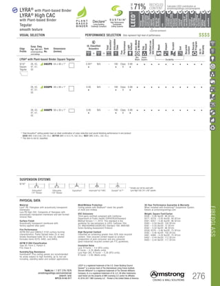 FIBERGLASS
TechLine / 1 877 276-7876
armstrongceilings.com/commercial
(search: lyra)
BPCS-5146-517 276
LEED® is a registered trademark of the U.S. Green Building Council
DeclareSM
is a service mark of The International Living Future Institute
Sherwin-Williams® is a registered trademark of The Sherwin-Williams
Company. UL is a registered trademark of UL LLC. All other trademarks
used herein are the property of AWI Licensing LLC and/or its affiliates
© 2016-2017 AWI Licensing LLC Printed in the United States of America
		▲	 		
	 LOCATION DEPENDENT
RECYCLED
CONTENT
LEED®
energy
management
recyclable/
extended
producerresp.
material
ingredient
reporting
recycled
content
sourcingof
rawmaterials
lowemitting/
materials
lighting
quality
biobased
materials
regional
materials
designfor
flexibility
construction
wastemgmt
EPD
acoustics
Calculate LEED contribution at
armstrongceilings.com/greengenie71%
UPTO
High Performance
Sustainable
Ceiling Systems
Living Building
Challenge Compliant
DeclareSM
VISUAL SELECTION	 PERFORMANCE SELECTION Dots represent high level of performance.
new
SUSPENSION SYSTEMS
9/16
Suprafine
3
* Sonata can not be used with
Lyra High CAC 24” x 60” panelsSilhouette®
1/4 Reveal
Silhouette
1/8 Reveal
Suprafine® Interlude® XL® HRC Sonata® XL®*
30-Year Performance Guarantee  Warranty
When installed with Armstrong®
Suspension System.
Details at armstrongceilings.com
Weight; Square Feet/Carton
8356 – 0.46 lbs/SF; 96 SF/ctn
8377, 8379 – 0.50 lbs/SF; 48 SF/ctn
8361, 8357 – 0.46 lbs/SF; 96 SF/ctn
8365 – 0.50 lbs/SF; 100 SF/ctn
8381 – 0.50 lbs/SF; 72 SF/ctn
8382 – 0.50 lbs/SF; 96 SF/ctn
8359, 8376 – 0.46 lbs/SF; 75 SF/ctn
8385 – 0.46 lbs/SF; 100 SF/ctn
8461, 8466 – 0.44 lbs/SF; 70 SF/ctn
8462 – 0.44 lbs/SF; 112 SF/ctn
8463 – 0.44 lbs/SF; 117 SF/ctn
PHYSICAL DATA
Material
Lyra®
PB: Fiberglass with acoustically transparent
membrane
Lyra PB High CAC: Composite of fiberglass with
acoustically transparent membrane and wet-formed
mineral fiber.
Surface Finish
Acoustically transparent membrane with
factory-applied latex paint
Fire Performance
ASTM E84 and CAN/ULC S102 surface burning
characteristics. Flame Spread Index 25 or less.
Smoke Developed Index 50 or less (UL labeled
Excludes items 8379, 8462, and 8463).
ASTM E1264 Classification
Type XII, Form 2, Pattern E
Fire Class A
Humidity/Sag Resistance
HumiGuard®
Plus ceiling panels are recommended
for areas subject to high humidity, up to, but not
including, standing water and outdoor applications.
Mold/Mildew Protection
Ceiling panels with BioBlock®
resist the growth
of mold and mildew.
VOC Emissions
Third-party certified compliant with California
Department of Public Health CDPH/EHLB/Standard
Method Version 1.1, 2010. This standard is the
guideline for low emissions in LEED, CalGreen Title
24, ANSI/ASHRAE/USGBC/IES Standard 189; ANSI/GBI
Green Building Assessment Protocol.
High Recycled Content
Classified as containing greater than 50% total recycled
content. Total recycled content based on product
composition of post-consumer and pre-consumer
(post-industrial) recycled content per FTC guidelines.
Insulation Value
Lyra: R Factor – 4.4 (BTU units);
R Factor – 0.76 (Watts units)
Lyra High CAC: R Factor – 5.38 (BTU units);
R Factor – 0.95 (Watts units)
$$$$
Edge
Profile
Susp. Dwg.
Pgs. 407-411
armstrongceilings.
com/catdwgs
Item
No.
Dimensions
(Inches)
UL Classified
Acoustics
Total
Acoustics1
Articulation
Class
Fire
Performance
Light
Reflect
Anti-Mold
Mildew
Sag
Resist
CertifiedLow
VOCEmissions
Wash
Impact
Scratch
Soil
Recycled
Content
Recycle
Program
30-Yr
Warranty
+ =
LYRA®
with Plant-based Binder Square Tegular
Bio-
Block
Humi-
Guard+ Durability
9/16
Square
Tegular
Angled Tegular 15/16 Angled Tegular Ultima Plank ShipLap
Long Edge Detail
Ultima Plank ShipLap
K2C2 Short
Chamford Tegular
ofiles Chamfered
Groove
Classic Step Tegular Ultima Plank ShipLap
Long Edge Detail
Ultima Plank ShipLap
Beveled Tegular Short
15/16 Classic Step Tegular
~8-ID (99) (drw 10)
Beveled Tegular 9/16 Square Cut Tegular 15/16 Square Tegular
Concealed
Soft Look Radiused Tegular
9/16 Cubic Graphis
NeoCubic
6 Flush Tegular
Ledges
9/16 Wrapped Tegular
Graphis Wrapped Linear
and Cubic
oncealed
re Edge K4C4
Linear Cubic
Beveled Crossgate
A B
15/16 Vector
C D
15/16 Vector C  D
A B C D
26, 43,
47, 51,
55
8463PB 44 x 48 x 1 0.95*
•
N/A – 190
•
Class
A
0.88
•
• • • • • • • • • •
26, 43,
47, 51,
55
8356PB 48 x 48 x 1
	
0.95
•
N/A – 190
•
Class
A
0.88
•
• • • • • • • • • •
26, 43,
47, 51,
55
8466PB 56 x 30 x 1 0.95
•
N/A – 190
•
Class
A
0.88
•
• • • • • • • • • •
	 1 	Total Acoustics® ceiling panels have an ideal combination of noise reduction and sound-blocking performance in one product.
		GOOD (NRC 0.60-0.65; CAC 35+) BETTER (NRC 0.70-0.75; CAC 35+) BEST (NRC 0.80+; CAC 35+)
	 *	This item is not UL classified.
LYRA®
with Plant-based Binder
LYRA®
High CAC
with Plant-based Binder
Tegular
smooth texture
 