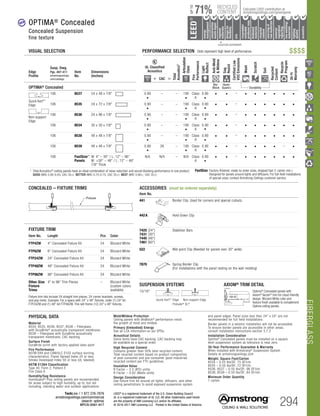 FIBERGLASS
TechLine / 1 877 276-7876
armstrongceilings.com/commercial
(search: optima)
BPCS-5061-617 294
LEED®
is a registered trademark of the U.S. Green Building Council
UL is a registered trademark of UL LLC. All other trademarks used herein
are the property of AWI Licensing LLC and/or its affiliates
© 2016-2017 AWI Licensing LLC Printed in the United States of America
OPTIMA®
Concealed
Concealed Suspension
fine texture
new
Edge
Profile
Susp. Dwg.
Pgs. 407-411
armstrongceilings.
com/catdwgs
Item
No.
Dimensions
(Inches)
UL Classified
Acoustics
Total
Acoustics1
Articulation
Class
Fire
Performance
Light
Reflect
Anti-Mold
Mildew
Sag
Resist
CertifiedLow
VOCEmissions
Wash
Scratch
Soil
Recycled
Content
Recycle
Program
30-Yr
Warranty
+ CAC =
OPTIMA®
Concealed
Bio-
Block
Humi-
Guard+ Durability
Quick Kerf™
Edge
Non-support
Edge
106 8537 24 x 48 x 7/8	 0.90
•
– – 190
•
Class
A
0.90
•
• • – • • • • • •
106 8535 24 x 72 x 7/8 	 0.90
•
– – 190
•
Class
A
0.90
•
• • – • • • • • •
106 8536 24 x 96 x 7/8 	 0.90
•
– – 190
•
Class
A
0.90
•
• • – • • • • • •
106 8534 30 x 30 x 7/8	 0.90
•
– – 190
•
Class
A
0.90
•
• • – • • • • • •
106 8538 48 x 48 x 7/8
		
0.90
•
– – 190
•
Class
A
0.90
•
• • – • • • • • •
106 8539 48 x 48 x 7/8
		
0.90
•
26 – 190
•
Class
A
0.90
•
• • – • • • • – •
106 FastSize™
Panels
W: 4 – 30 / L: 12 – 96
W: 30 – 48 / L: 12 – 48
7/8 Thick
N/A N/A – N/A Class
A
0.90
•
• • – • • • • • •
	 1	 Total Acoustics®
ceiling panels have an ideal combination of noise reduction and sound-blocking performance in one product.
		GOOD (NRC 0.60-0.65; CAC 35+) BETTER (NRC 0.70-0.75; CAC 35+) BEST (NRC 0.80+; CAC 35+)
VISUAL SELECTION	 PERFORMANCE SELECTION Dots represent high level of performance.
and panel edges. Panel sizes less than 24 x 24 are not
recommended for full field installations.
Border panels in a seismic installation will not be accessible.
To ensure border panels are accessible in other areas,
consult installation instructions section 3.7.2
Installation Consideration
Optima® Concealed panels must be installed on a square,
level suspension system as tolerance is near zero.
30-Year Performance Guarantee  Warranty
When installed with Armstrong®
Suspension System.
Details at armstrongceilings.com
Weight; Square Feet/Carton
8534 – 0.55 lbs/SF; 75 SF/ctn
8535 – 0.55 lbs/SF; 72 SF/ctn
8536, 8537 – 0.55 lbs/SF; 96 SF/ctn
8538, 8539 – 0.55 lbs/SF; 64 SF/ctn
Minimum Order Quantity
1 carton
PHYSICAL DATA
Material
8534, 8535, 8536, 8537, 8538 – Fiberglass
with DuraBrite® acoustically transparent membrane.
8539 – Fiberglass with DuraBrite acoustically
transparent membrane; CAC backing.
Surface Finish
DuraBrite scrim with factory-applied latex paint
Fire Performance
ASTM E84 and CAN/ULC S102 surface burning
characteristics. Flame Spread Index 25 or less.
Smoke Developed Index 50 or less (UL labeled).
ASTM E1264 Classification
Type XII, Form 2, Pattern E
Fire Class A
Humidity/Sag Resistance
HumiGuard®
Plus ceiling panels are recommended
for areas subject to high humidity, up to, but not
including, standing water and outdoor applications.
Mold/Mildew Protection
Ceiling panels with BioBlock®
performance resist
the growth of mold and mildew.
Primary (Embodied) Energy
See all LCA information on our EPDs.
Acoustical Details
Some items have CAC backing. CAC backing may
be available as a special order.
High Recycled Content
Contains greater than 50% total recycled content.
Total recycled content based on product composition
of post-consumer and pre-consumer (post-industrial)
recycled content per FTC guidelines.
Insulation Value
R Factor – 3.5 (BTU units)
R Factor – 0.62 (Watts units)
Design Consideration
Use fixture trim kit around all lights, diffusers, and other
ceiling penetrations to avoid exposed suspension system
FastSize: Factory-finished, made-to-order sizes, shipped fast (1 carton min.)
Designed for panels around lights and diffusers. For full-field installations
of special sizes, contact Armstrong Ceilings customer service.
Item No. Length Pcs Color
FTP4ZW 4 Concealed Fixture Kit 24 Blizzard White
FTP6ZW 6 Concealed Fixture Kit 24 Blizzard White
FTP24ZW 24 Concealed Fixture Kit 24 Blizzard White
FTP48ZW 48 Concealed Fixture Kit 24 Blizzard White
FTP96ZW 96 Concealed Fixture Kit 24 Blizzard White
Other Size
Fixture
Trims
4 to 96 Trim Pieces – Blizzard White
(custom colors
available)
Fixture trim kits include 24 straight trim pieces, 24 corner brackets, screws,
and pop rivets. Example: For a space with 24 x 48 fixtures, order (1) 24 kit
FTP24ZW and (1) 48 kit FTP48ZW. This will frame (12) 24 x 48 fixtures.
FIXTURE TRIM
Item No.
441 Border Clip. Used for corners and special cutouts.
442A Hold-Down Clip
7425 (24)
7431 (30)
7445 (48)
7461 (60)
Stabilizer Bars
522 Mid-point Clip (Needed for panels over 30 wide)
7870 Spring Border Clip
(For installations with the panel resting on the wall molding)
CONCEALED – FIXTURE TRIMS 	 ACCESSORIES (must be ordered separately)
Fixture
SUSPENSION SYSTEMS 	 AXIOM® TRIM DETAIL
15/16
	 Quick Kerf™
Edge	 Non-support Edge
Prelude® XL®
Optima®
Concealed panels with
Axiom®
Vector®
trim for cloud-friendly
design. Blizzard White color and
texture finish available to complement
Optima ceiling panels.
$$$$
		▲	 		
	 LOCATION DEPENDENT
RECYCLED
CONTENT
LEED®
energy
management
recyclable/
extended
producerresp.
material
ingredient
reporting
recycled
content
sourcingof
rawmaterials
lowemitting/
materials
lighting
quality
biobased
materials
regional
materials
designfor
flexibility
construction
wastemgmt
EPD
acoustics
71%
UPTO
Calculate LEED contribution at
armstrongceilings.com/greengenie
 