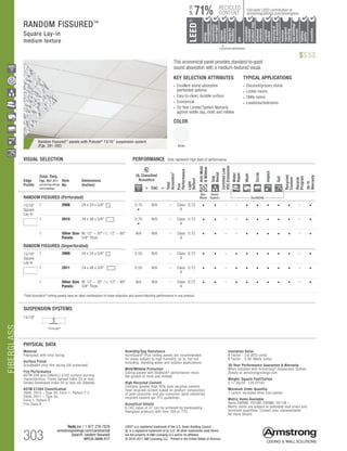 TechLine / 1 877 276-7876
armstrongceilings.com/commercial
(search: random fissured)
BPCS-3696-517
FIBERGLASS
303
LEED®
is a registered trademark of the U.S. Green Building Council
UL is a registered trademark of UL LLC. All other trademarks used herein
are the property of AWI Licensing LLC and/or its affiliates
© 2016-2017 AWI Licensing LLC Printed in the United States of America
RANDOM FISSURED™
Square Lay-in
medium texture
VISUAL SELECTION	 PERFORMANCE Dots represent high level of performance.
Humidity/Sag Resistance
HumiGuard® Plus ceiling panels are recommended
for areas subject to high humidity, up to, but not
including, standing water and outdoor applications.
Mold/Mildew Protection
Ceiling panels with BioBlock® performance resist
the growth of mold and mildew.
High Recycled Content
Contains greater than 50% total recycled content.
Total recycled content based on product composition
of post-consumer and pre-consumer (post-industrial)
recycled content per FTC guidelines.
Acoustical Details
A CAC value of 37 can be achieved by backloading
fiberglass products with item 769 or 770.
Insulation Value
R Factor - 2.6 (BTU units)
R Factor - 0.46 (Watts units)
30-Year Performance Guarantee  Warranty
When installed with Armstrong® Suspension System.
Details at armstrongceilings.com
Weight; Square Feet/Carton
0.17 lbs/SF; 128 SF/ctn
Minimum Order Quantity
1 carton, excludes other size panels
Metric Items Available
Items 2908M, 2910M, 2909M, 2911M –
Metric items are subject to extended lead times and
minimum quantities. Contact your representative
for more details.
PHYSICAL DATA
Material
Fiberglass with vinyl facing
Surface Finish
Scrubbable vinyl film facing (UV protected)
Fire Performance
ASTM E84 and CAN/ULC S102 surface burning
characteristics. Flame Spread Index 25 or less.
Smoke Developed Index 50 or less (UL labeled).
ASTM E1264 Classification
2908, 2910 – Type XII, Form 1, Pattern E C
2909, 2911 – Type XII,
Form 1, Pattern E
Fire Class A
Random Fissured™
panels with Prelude®
15/16 suspension system
(Pgs. 391-392)
COLOR
White
TYPICAL APPLICATIONS
• Discount/grocery stores
• Locker rooms
• Utility rooms
• Lavatories/restrooms
KEY SELECTION ATTRIBUTES
• Excellent sound absorption
(perforated options)
• Easy-to-clean, durable surface
• Economical
• 30-Year Limited System Warranty
against visible sag, mold, and mildew
Edge
Profile
Susp. Dwg.
Pgs. 407-411
armstrongceilings.
com/catdwgs
Item
No.
Dimensions
(Inches)
UL Classified
Acoustics
Total
Acoustics1
Fire
Performance
Light
Reflect
Anti-Mold
Mildew
Sag
Resist
CertifiedLow
VOCEmissions
Water
Repel
Wash
Scrub
Impact
Soil
Recycled
Content
Recycle
Program
30-Yr
Warranty
+ CAC =
RANDOM FISSURED (Perforated)
Bio-
Block
Humi-
Guard+ Durability
15/16
Square
Lay-in
Square Lay-in 9/16 Angled Tegular 15/16 Angled Tegular Ultima Plank ShipLap
Long Edge Detail
Ultima Plank ShipLap
K2C2 Short
15/16 Chamford Tegular
Cirrus Profiles Chamfered
Tongue and GrooveConcealed Beveled K4C4
Classic Step Tegular Ultima Plank ShipLap
Long Edge Detail
Ultima Plank ShipLap
Beveled Tegular Short
15/16 Classic Step Tegular
~8-ID (99) (drw 10)
9/16 Beveled Tegular 15/16 Beveled Tegular 9/16 Square Cut Tegular 15/16 Square Tegular
9/16 Chamfered Tegular
Cirrus Profiles Chamfered
Concealed
Soft Look Radiused Tegular
9/16 Cubic Graphis
NeoCubic
9/16 Flush Tegular
Ledges
15/16 Flush Tegular
Ledges
9/16 Wrapped Tegular
Graphis Wrapped Linear
and Cubic
9/16 Wrapped Linear and
Mixed Corner “B”
(Flumes, Graphis Linear Corner
 Dots  Squares)
Concealed
Square Edge K4C4
Linear Cubic
Beveled Crossgate
A B
15/16 Vector
C D
15/16 Vector C  D
A B C D
1 2908 24 x 24 x 5/8	 0.70
•
N/A – Class
A
0.72 • • – – • • • • • – •
1 2910 24 x 48 x 5/8	 0.70
•
N/A – Class
A
0.72 • • – – • • • • • – •
1 Other Size
Panels
W: 12 – 30 / L: 12 – 60
5/8 Thick
N/A N/A – Class
A
0.72 • • – – • • • • • – •
RANDOM FISSURED (Unperforated)
15/16
Square
Lay-in
Square Lay-in 9/16 Angled Tegular 15/16 Angled Tegular Ultima Plank ShipLap
Long Edge Detail
Ultima Plank ShipLap
K2C2 Short
15/16 Chamford Tegular
Cirrus Profiles Chamfered
Tongue and GrooveConcealed Beveled K4C4
Classic Step Tegular Ultima Plank ShipLap
Long Edge Detail
Ultima Plank ShipLap
Beveled Tegular Short
15/16 Classic Step Tegular
~8-ID (99) (drw 10)
9/16 Beveled Tegular 15/16 Beveled Tegular 9/16 Square Cut Tegular 15/16 Square Tegular
9/16 Chamfered Tegular
Cirrus Profiles Chamfered
Concealed
Soft Look Radiused Tegular
9/16 Cubic Graphis
NeoCubic
9/16 Flush Tegular
Ledges
15/16 Flush Tegular
9/16 Wrapped Tegular
Graphis Wrapped Linear
and Cubic
9/16 Wrapped Linear and
Mixed Corner “B”
(Flumes, Graphis Linear Corner
 Dots  Squares)
Concealed
Square Edge K4C4
Linear Cubic
Beveled Crossgate
A B
15/16 Vector
C D
15/16 Vector C  D
A B C D
1 2909 24 x 24 x 5/8	 0.55 N/A – Class
A
0.72 • • – • • • • • • – •
1 2911 24 x 48 x 5/8	 0.55 N/A – Class
A
0.72 • • – • • • • • • – •
1 Other Size
Panels
W: 12 – 30 / L: 12 – 60
5/8 Thick
N/A N/A – Class
A
0.72 • • – • • • • • • – •
1	Total Acoustics® ceiling panels have an ideal combination of noise reduction and sound-blocking performance in one product.
SUSPENSION SYSTEMS
15/16
Prelude®
This economical panel provides standard-to-good
sound absorption with a medium-textured visual.
$$$$
		▲	 		
	 LOCATION DEPENDENT
RECYCLED
CONTENT
LEED®
energy
management
recyclable/
extended
producerresp.
material
ingredient
reporting
recycled
content
sourcingof
rawmaterials
lowemitting/
materials
lighting
quality
biobased
materials
regional
materials
designfor
flexibility
construction
wastemgmt
EPD
acoustics
71%
UPTO
Calculate LEED contribution at
armstrongceilings.com/greengenie
 