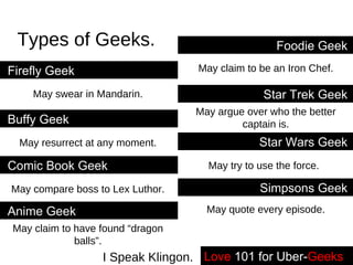 Types of Geeks. Firefly Geek Star Trek Geek - Buffy Geek Star Wars Geek - Comic Book Geek Simpsons Geek - May swear in Mandarin. May resurrect at any moment. May argue over who the better captain is. May compare boss to Lex Luthor. May try to use the force. Foodie Geek - May claim to be an Iron Chef. May quote every episode. Anime Geek May claim to have found “dragon balls”. Love   101 for Uber- Geeks -- I Speak Klingon. 