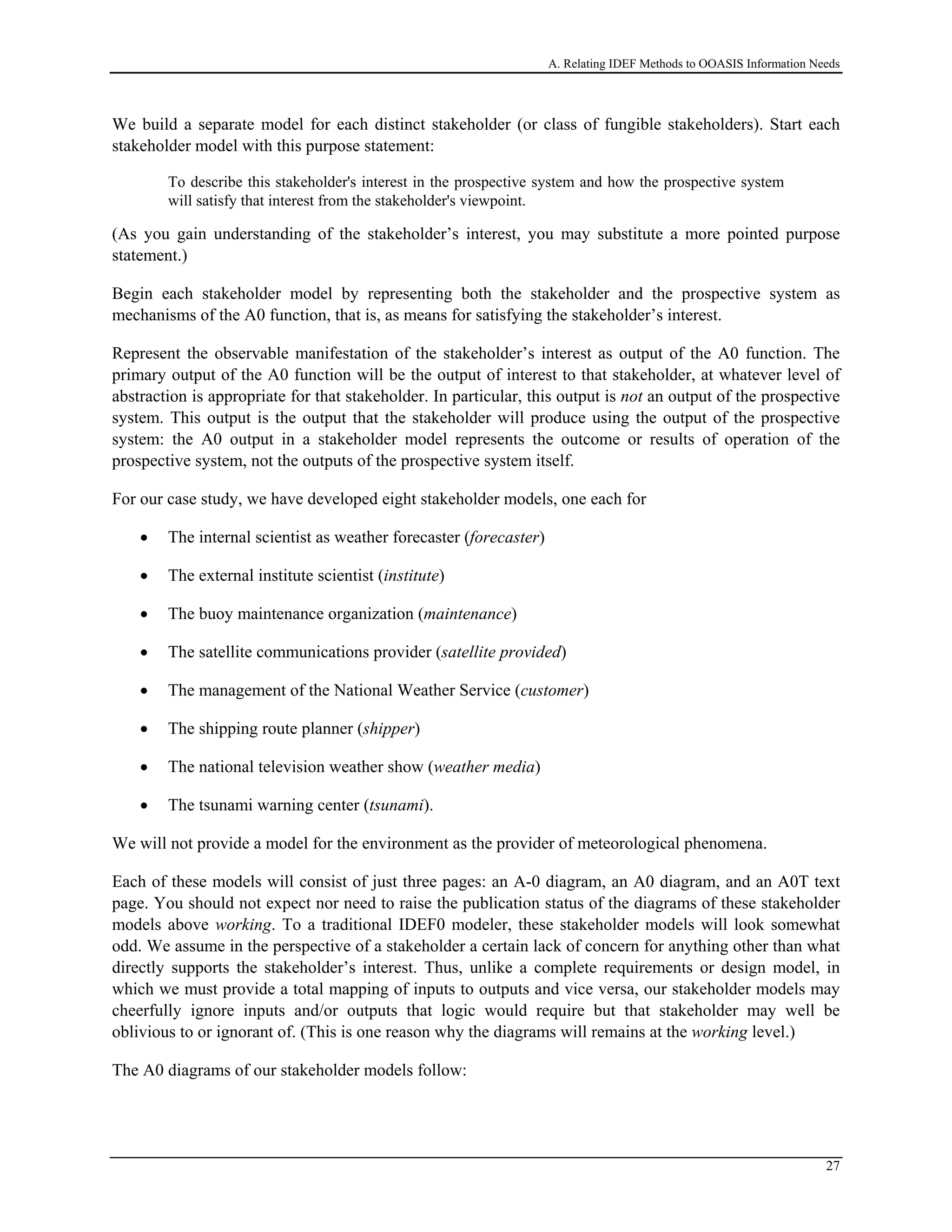 A. Relating IDEF Methods to OOASIS Information Needs
We build a separate model for each distinct stakeholder (or class of fungible stakeholders). Start each
stakeholder model with this purpose statement:
To describe this stakeholder's interest in the prospective system and how the prospective system
will satisfy that interest from the stakeholder's viewpoint.
(As you gain understanding of the stakeholder’s interest, you may substitute a more pointed purpose
statement.)
Begin each stakeholder model by representing both the stakeholder and the prospective system as
mechanisms of the A0 function, that is, as means for satisfying the stakeholder’s interest.
Represent the observable manifestation of the stakeholder’s interest as output of the A0 function. The
primary output of the A0 function will be the output of interest to that stakeholder, at whatever level of
abstraction is appropriate for that stakeholder. In particular, this output is not an output of the prospective
system. This output is the output that the stakeholder will produce using the output of the prospective
system: the A0 output in a stakeholder model represents the outcome or results of operation of the
prospective system, not the outputs of the prospective system itself.
For our case study, we have developed eight stakeholder models, one each for
• The internal scientist as weather forecaster (forecaster)
• The external institute scientist (institute)
• The buoy maintenance organization (maintenance)
• The satellite communications provider (satellite provided)
• The management of the National Weather Service (customer)
• The shipping route planner (shipper)
• The national television weather show (weather media)
• The tsunami warning center (tsunami).
We will not provide a model for the environment as the provider of meteorological phenomena.
Each of these models will consist of just three pages: an A-0 diagram, an A0 diagram, and an A0T text
page. You should not expect nor need to raise the publication status of the diagrams of these stakeholder
models above working. To a traditional IDEF0 modeler, these stakeholder models will look somewhat
odd. We assume in the perspective of a stakeholder a certain lack of concern for anything other than what
directly supports the stakeholder’s interest. Thus, unlike a complete requirements or design model, in
which we must provide a total mapping of inputs to outputs and vice versa, our stakeholder models may
cheerfully ignore inputs and/or outputs that logic would require but that stakeholder may well be
oblivious to or ignorant of. (This is one reason why the diagrams will remains at the working level.)
The A0 diagrams of our stakeholder models follow:
27
 