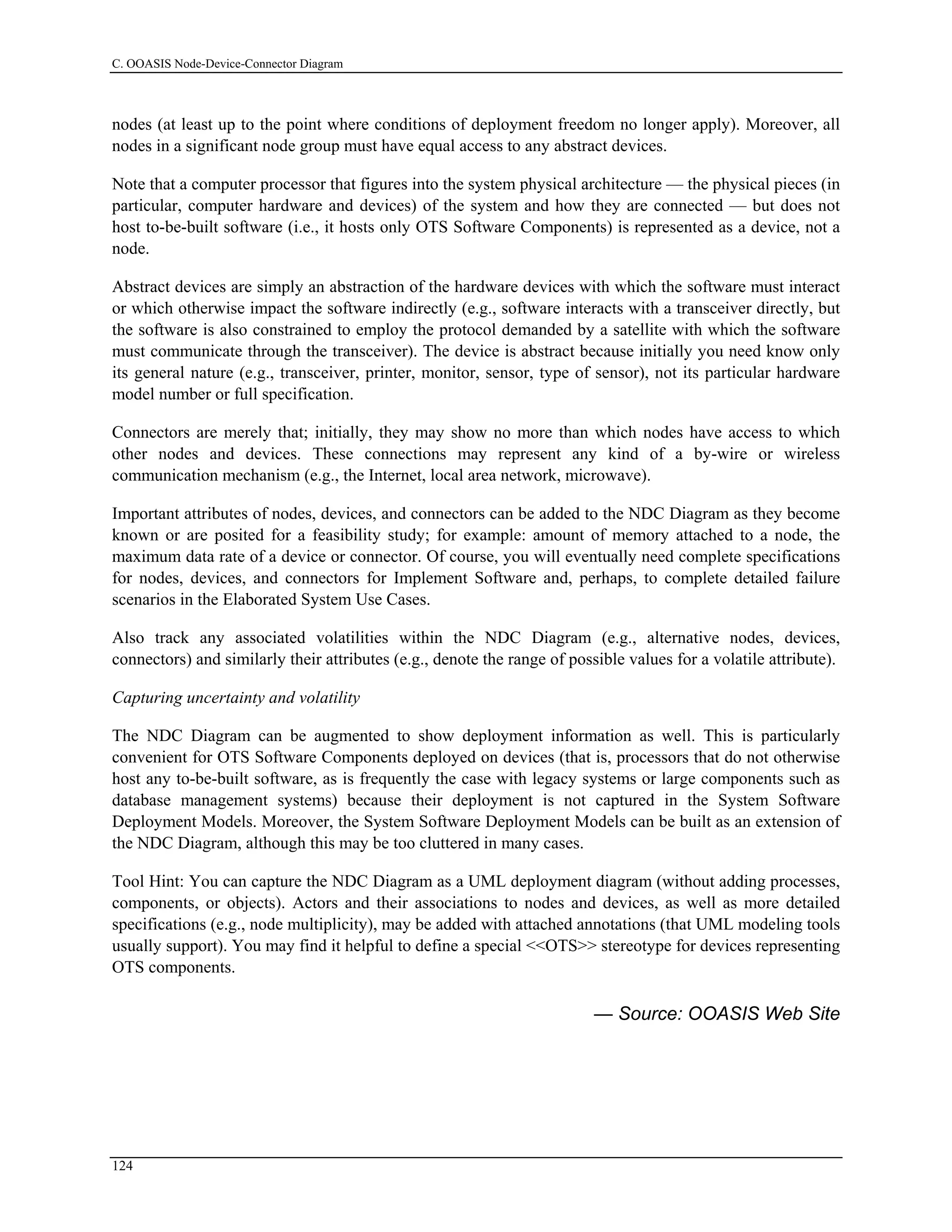 C. OOASIS Node-Device-Connector Diagram
nodes (at least up to the point where conditions of deployment freedom no longer apply). Moreover, all
nodes in a significant node group must have equal access to any abstract devices.
Note that a computer processor that figures into the system physical architecture — the physical pieces (in
particular, computer hardware and devices) of the system and how they are connected — but does not
host to-be-built software (i.e., it hosts only OTS Software Components) is represented as a device, not a
node.
Abstract devices are simply an abstraction of the hardware devices with which the software must interact
or which otherwise impact the software indirectly (e.g., software interacts with a transceiver directly, but
the software is also constrained to employ the protocol demanded by a satellite with which the software
must communicate through the transceiver). The device is abstract because initially you need know only
its general nature (e.g., transceiver, printer, monitor, sensor, type of sensor), not its particular hardware
model number or full specification.
Connectors are merely that; initially, they may show no more than which nodes have access to which
other nodes and devices. These connections may represent any kind of a by-wire or wireless
communication mechanism (e.g., the Internet, local area network, microwave).
Important attributes of nodes, devices, and connectors can be added to the NDC Diagram as they become
known or are posited for a feasibility study; for example: amount of memory attached to a node, the
maximum data rate of a device or connector. Of course, you will eventually need complete specifications
for nodes, devices, and connectors for Implement Software and, perhaps, to complete detailed failure
scenarios in the Elaborated System Use Cases.
Also track any associated volatilities within the NDC Diagram (e.g., alternative nodes, devices,
connectors) and similarly their attributes (e.g., denote the range of possible values for a volatile attribute).
Capturing uncertainty and volatility
The NDC Diagram can be augmented to show deployment information as well. This is particularly
convenient for OTS Software Components deployed on devices (that is, processors that do not otherwise
host any to-be-built software, as is frequently the case with legacy systems or large components such as
database management systems) because their deployment is not captured in the System Software
Deployment Models. Moreover, the System Software Deployment Models can be built as an extension of
the NDC Diagram, although this may be too cluttered in many cases.
Tool Hint: You can capture the NDC Diagram as a UML deployment diagram (without adding processes,
components, or objects). Actors and their associations to nodes and devices, as well as more detailed
specifications (e.g., node multiplicity), may be added with attached annotations (that UML modeling tools
usually support). You may find it helpful to define a special <<OTS>> stereotype for devices representing
OTS components.
— Source: OOASIS Web Site
124
 