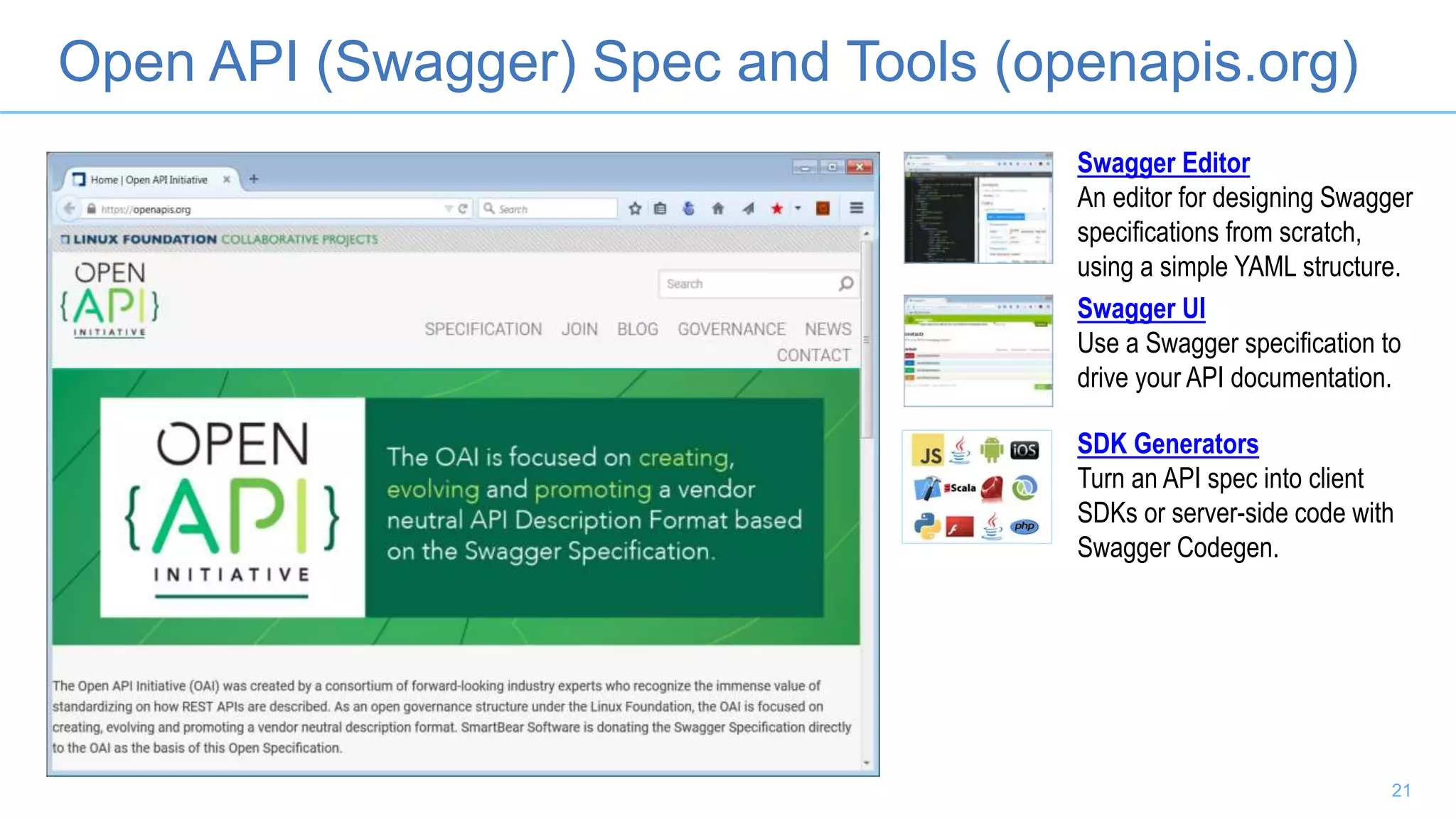 Open API (Swagger) Spec and Tools (openapis.org)
Swagger Editor
An editor for designing Swagger
specifications from scratch,
using a simple YAML structure.
Swagger UI
Use a Swagger specification to
drive your API documentation.
SDK Generators
Turn an API spec into client
SDKs or server-side code with
Swagger Codegen.
21
 
