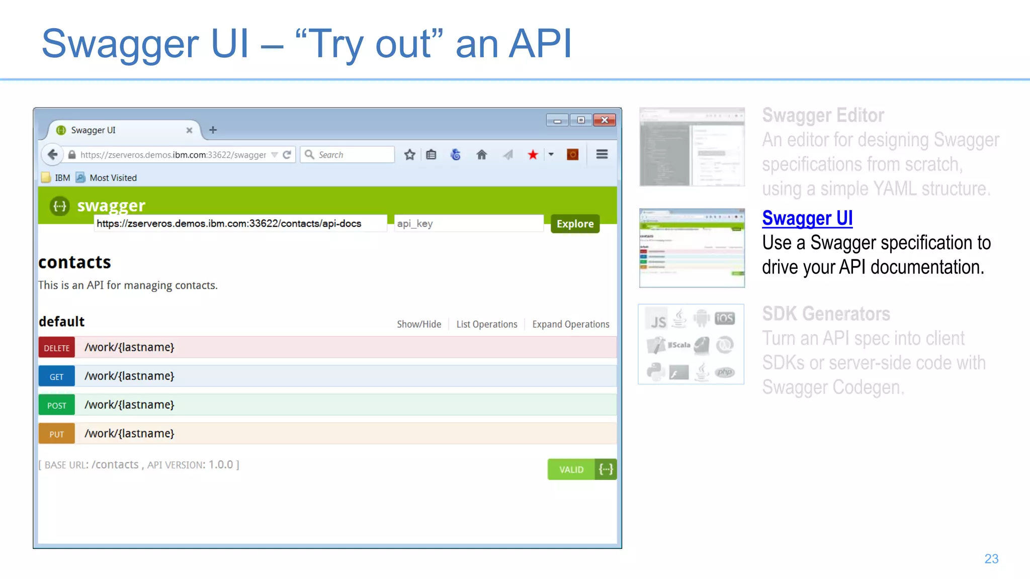 Swagger UI – “Try out” an API
Swagger Editor
An editor for designing Swagger
specifications from scratch,
using a simple YAML structure.
Swagger UI
Use a Swagger specification to
drive your API documentation.
SDK Generators
Turn an API spec into client
SDKs or server-side code with
Swagger Codegen.
23
 