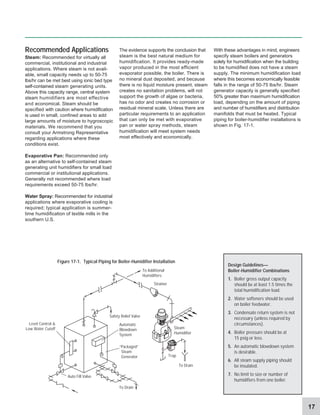 17
Recommended Applications
Steam: Recommended for virtually all
commercial, institutional and industrial
applications. Where steam is not avail-
able, small capacity needs up to 50-75
lbs/hr can be met best using ionic bed type
self-contained steam generating units.
Above this capacity range, central system
steam humidifiers are most effective
and economical. Steam should be
specified with caution where humidification
is used in small, confined areas to add
large amounts of moisture to hygroscopic
materials. We recommend that you
consult your Armstrong Representative
regarding applications where these
conditions exist.
Evaporative Pan: Recommended only
as an alternative to self-contained steam
generating unit humidifiers for small load
commercial or institutional applications.
Generally not recommended where load
requirements exceed 50-75 lbs/hr.
Water Spray: Recommended for industrial
applications where evaporative cooling is
required; typical application is summer-
time humidification of textile mills in the
southern U.S.
The evidence supports the conclusion that
steam is the best natural medium for
humidification. It provides ready-made
vapor produced in the most efficient
evaporator possible, the boiler. There is
no mineral dust deposited, and because
there is no liquid moisture present, steam
creates no sanitation problems, will not
support the growth of algae or bacteria,
has no odor and creates no corrosion or
residual mineral scale. Unless there are
particular requirements to an application
that can only be met with evaporative
pan or water spray methods, steam
humidification will meet system needs
most effectively and economically.
Strainer
Safety Relief Valve
“Packaged”
Steam
Generator
Automatic
Blowdown
System
Trap
To Drain
To Additional
Humidifiers
Steam
Humidifier
To Drain
Auto Fill Valve
Figure 17-1. Typical Piping for Boiler-Humidifier Installation
Design Guidelines—
Boiler-Humidifier Combinations
1. Boiler gross output capacity
should be at least 1.5 times the
total humidification load.
2. Water softeners should be used
on boiler feedwater.
3. Condensate return system is not
necessary (unless required by
circumstances).
4. Boiler pressure should be at
15 psig or less.
5. An automatic blowdown system
is desirable.
6. All steam supply piping should
be insulated.
7. No limit to size or number of
humidifiers from one boiler.
With these advantages in mind, engineers
specify steam boilers and generators
solely for humidification when the building
to be humidified does not have a steam
supply. The minimum humidification load
where this becomes economically feasible
falls in the range of 50-75 lbs/hr. Steam
generator capacity is generally specified
50% greater than maximum humidification
load, depending on the amount of piping
and number of humidifiers and distribution
manifolds that must be heated. Typical
piping for boiler-humidifier installations is
shown in Fig. 17-1.
Level Control &
Low Water Cutoff
 