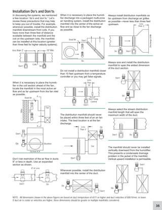 35
8 or Less
NOTE: All dimensions shown in the above figures are based on duct temperature of 65°F or higher and duct velocities of 800 ft/min, or lower.
If duct air is cooler or velocities are higher, these dimensions should be greater or multiple manifolds considered.
Don’t Do
10 Min.
Coils
Don’t
less than 3'
Do
Don’t Do
Do
Less
Than 3'
Do
Fan
Don’t
Less
Than
10'
Duct Temp.
Control
Don’t
Do
Do
Don’t
Dead Air
Less
Than 3'
Do Don’t
Discharge
Grille
Don’t
Do
Don’t
Do
Don’t
Don’t
Do Elevation
Section A A
A
A
Dead Air
Fan
When it is necessary to place the humidi-
fier discharge into a packaged multi-zone
air handling system, install the distribution
manifold into the center of the active air
flow and as close to the fan discharge
as possible.
Do not install a distribution manifold closer
than 10 feet upstream from a temperature
controller or you may get false signals.
The distribution manifold should never
be placed within three feet of an air fan
intake. The best location is at the fan
discharge.
Whenever possible, install the distribution
manifold into the center of the duct.
Installation Do’s and Don’ts
In discussing the systems, we mentioned
a few location “do’s and don’ts.” Let’s
review these precautions that may help
to keep you out of trouble. For example,
whenever possible, install the distribution
manifold downstream from coils. If you
have more than three feet of distance
available between the manifold and the
coil on the upstream side, the manifold
can be installed at this location (greater
than three feet for higher velocity systems).
When it is necessary to place the humidi-
fier in the coil section ahead of the fan,
locate the manifold in the most active air
flow and as far upstream from the fan inlet
as possible.
Don’t risk restriction of the air flow in ducts
8 or less in depth. Use an expanded
section as shown.
Always install distribution manifolds as
far upstream from discharge air grilles
as possible—never less than three feet
upstream.
Always size and install the distribution
manifold to span the widest dimension
of the duct section.
Always select the stream distribution
manifold length that will span the
maximum width of the duct.
The manifold should never be installed
vertically downward from the humidifier.
This presents a condensate drainage
problem in the jacket of the manifold.
Vertical upward installation is permissible.
Filter
Coil
 