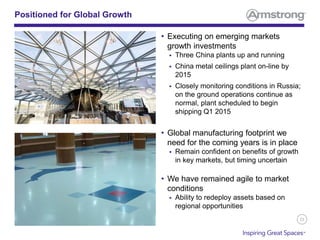 23
• Executing on emerging markets
growth investments
 Three China plants up and running
 China metal ceilings plant on-line by
2015
 Closely monitoring conditions in Russia;
on the ground operations continue as
normal, plant scheduled to begin
shipping Q1 2015
• Global manufacturing footprint we
need for the coming years is in place
 Remain confident on benefits of growth
in key markets, but timing uncertain
• We have remained agile to market
conditions
 Ability to redeploy assets based on
regional opportunities
Positioned for Global Growth
 