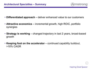 47
Architectural Specialties – Summary
• Differentiated approach – deliver enhanced value to our customers
• Attractive economics – incremental growth, high ROIC, portfolio
synergies
• Strategy is working – changed trajectory in last 2 years, broad-based
growth
• Keeping foot on the accelerator – continued capability buildout,
>10% CAGR
 